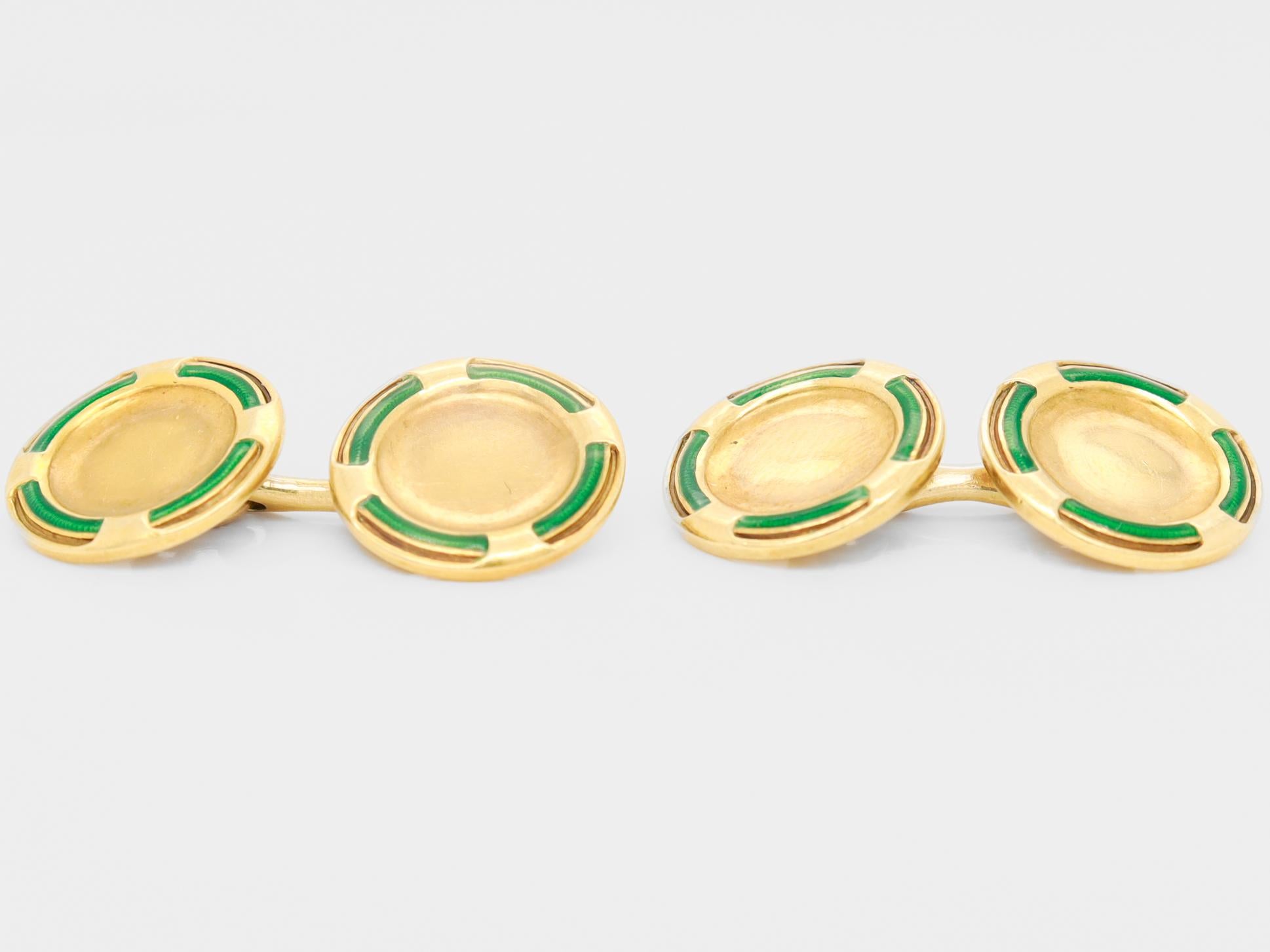 Coppia di gemelli firmati Bailey, Banks & Biddle in oro 14k e smalto verde Art Deco In condizioni buone in vendita a Philadelphia, PA