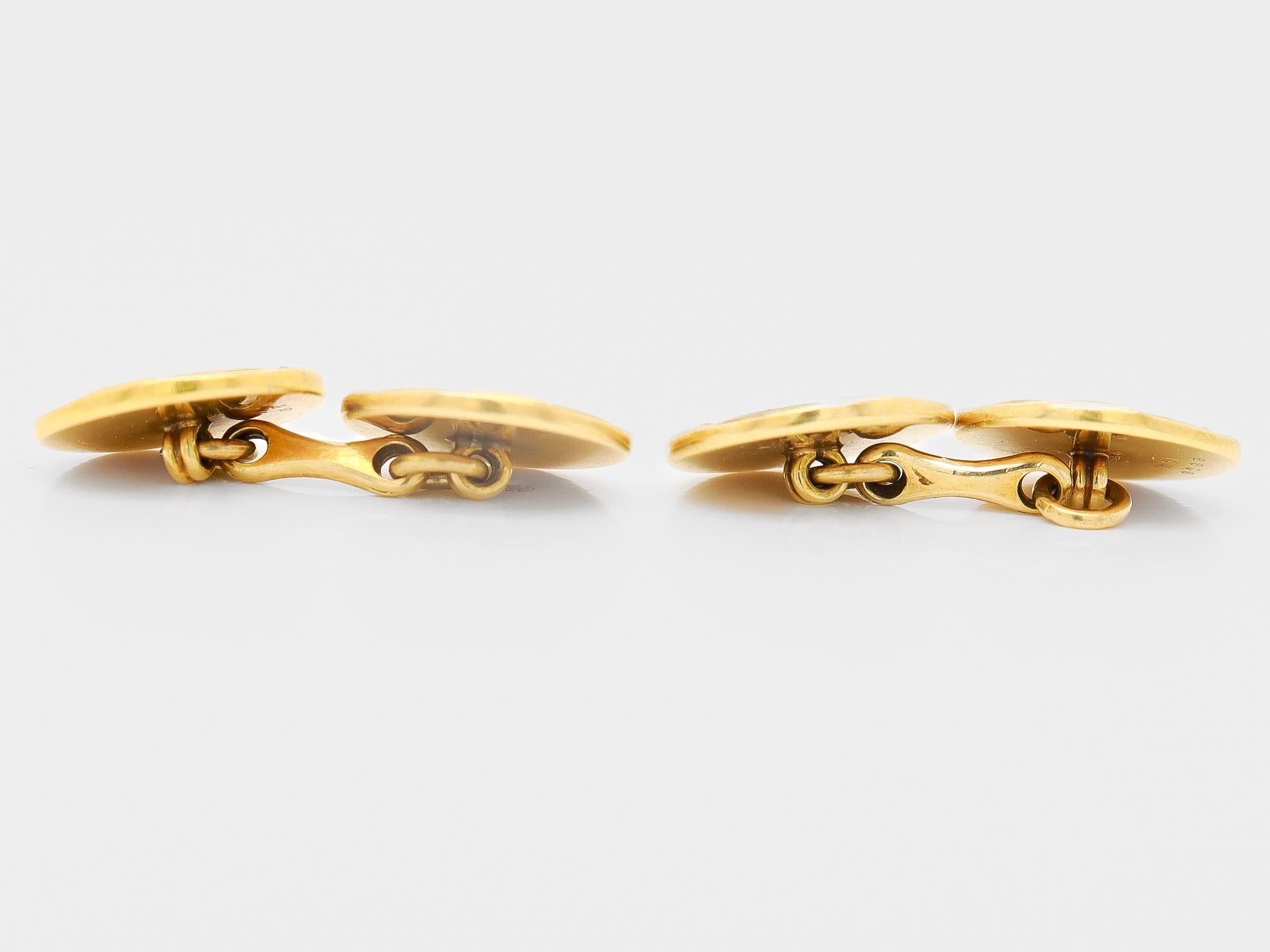 Coppia di gemelli firmati Bailey, Banks & Biddle in oro 14k e smalto verde Art Deco in vendita 2