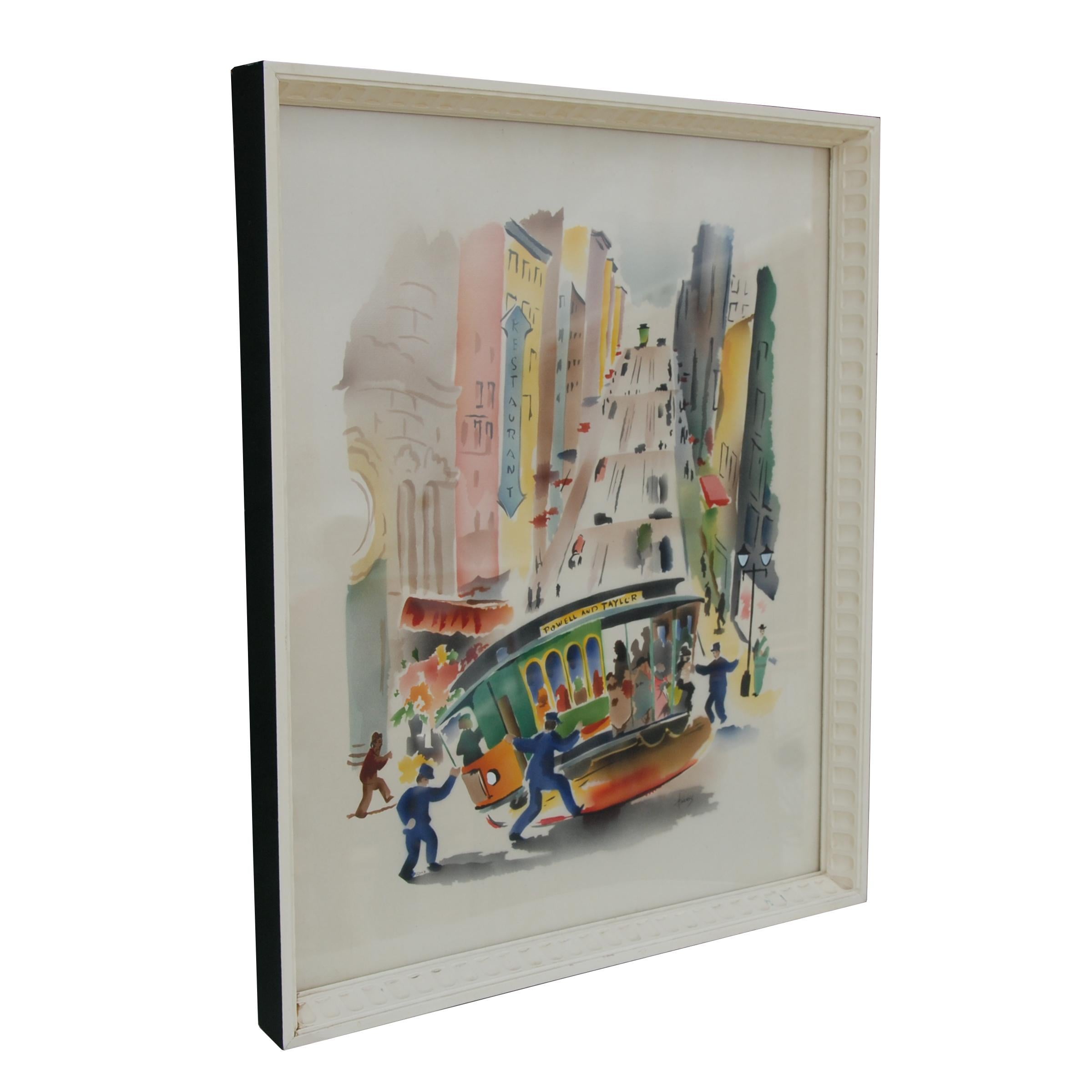 Artist Benjamin Jorj Harris
Birth: 1904 
Death: 1957
Lived/Active New York

Often known for Illustration-watercolor

 
Features:
1940s day masonry frame
Airbrush watercolor
Scene from San Francisco's Chinatown with a cable car.
 