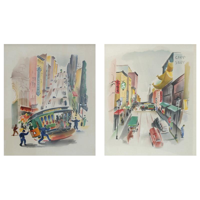 Pair of Signed Benjamin Jorj Harris Airbrush San Francisco Cable Car Artworks For Sale