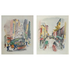 Vintage Pair of Signed Benjamin Jorj Harris Airbrush San Francisco Cable Car Artworks