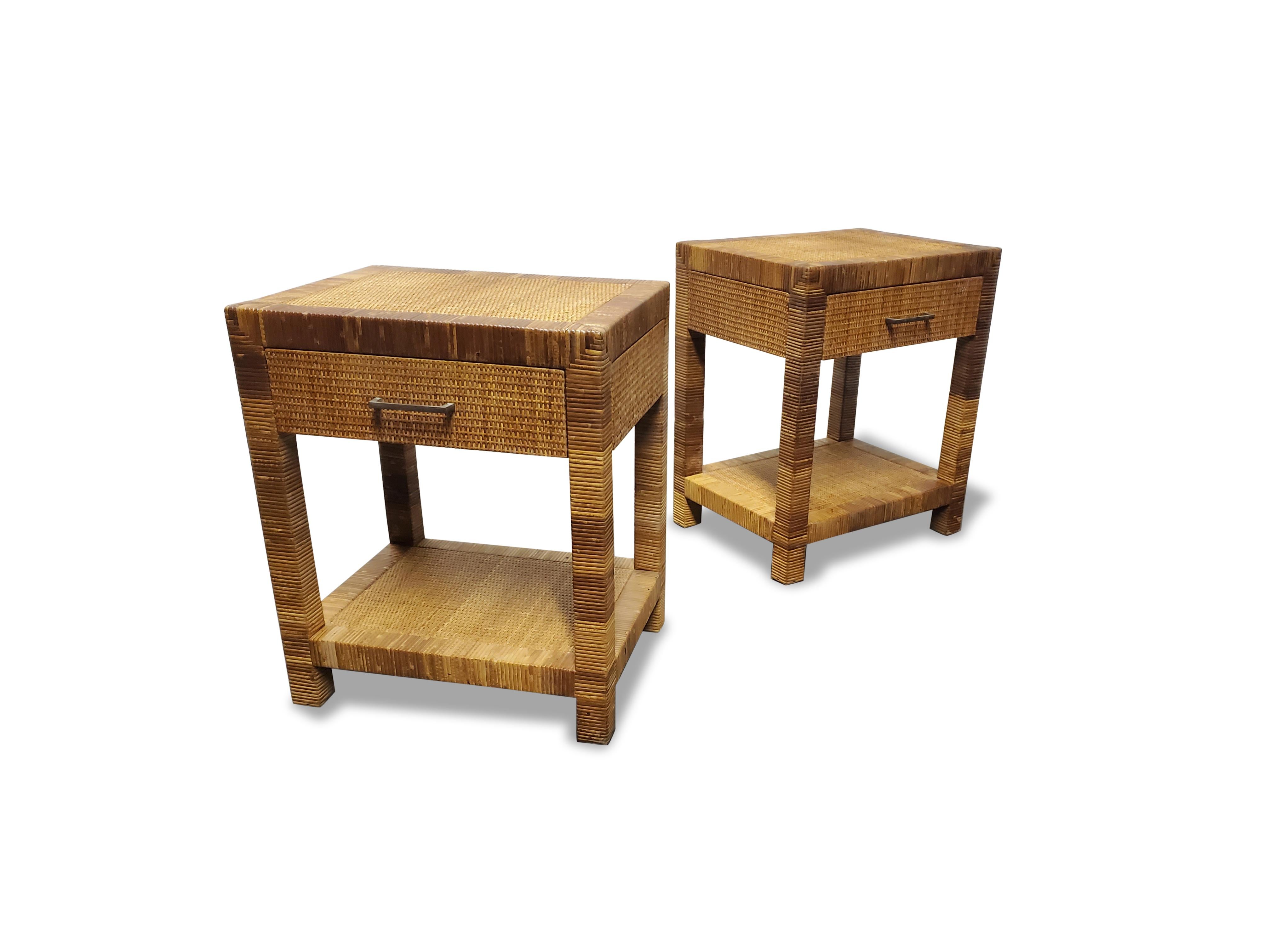 Pair of Signed Bielecky Brothers Cane / Raffia Wrapped Nightstands 4