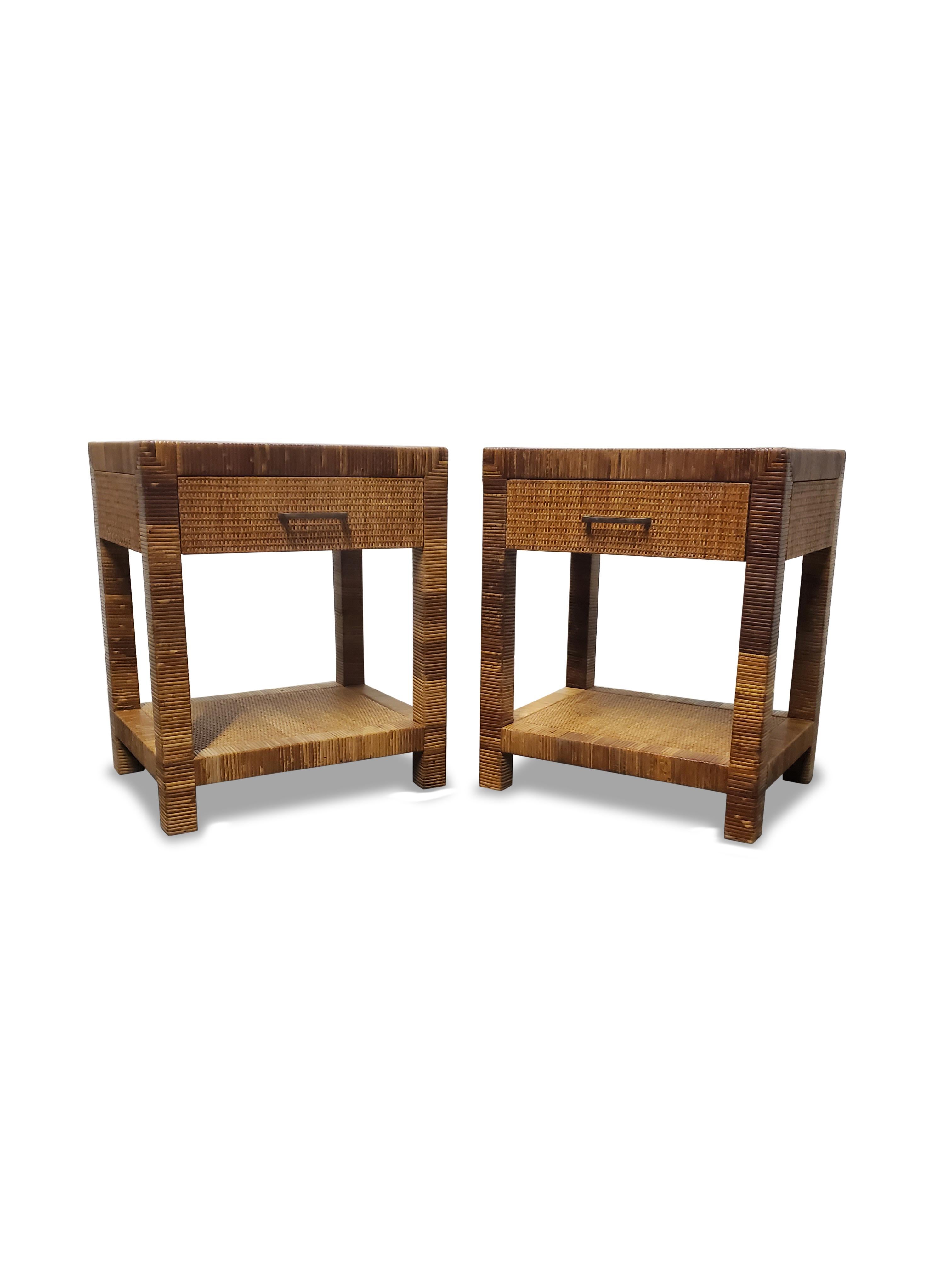 Pair of Signed Bielecky Brothers Cane / Raffia Wrapped Nightstands 5