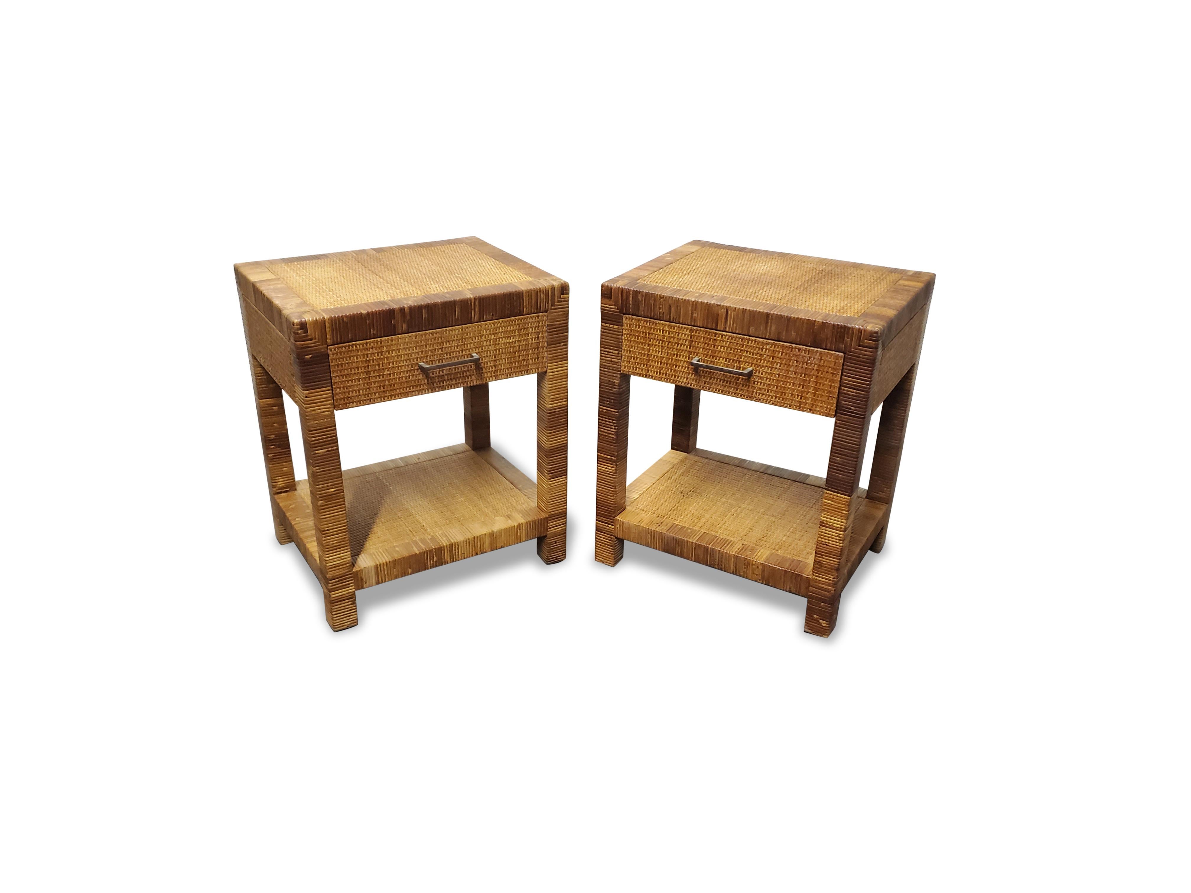 Pair of Signed Bielecky Brothers Cane / Raffia Wrapped Nightstands 6