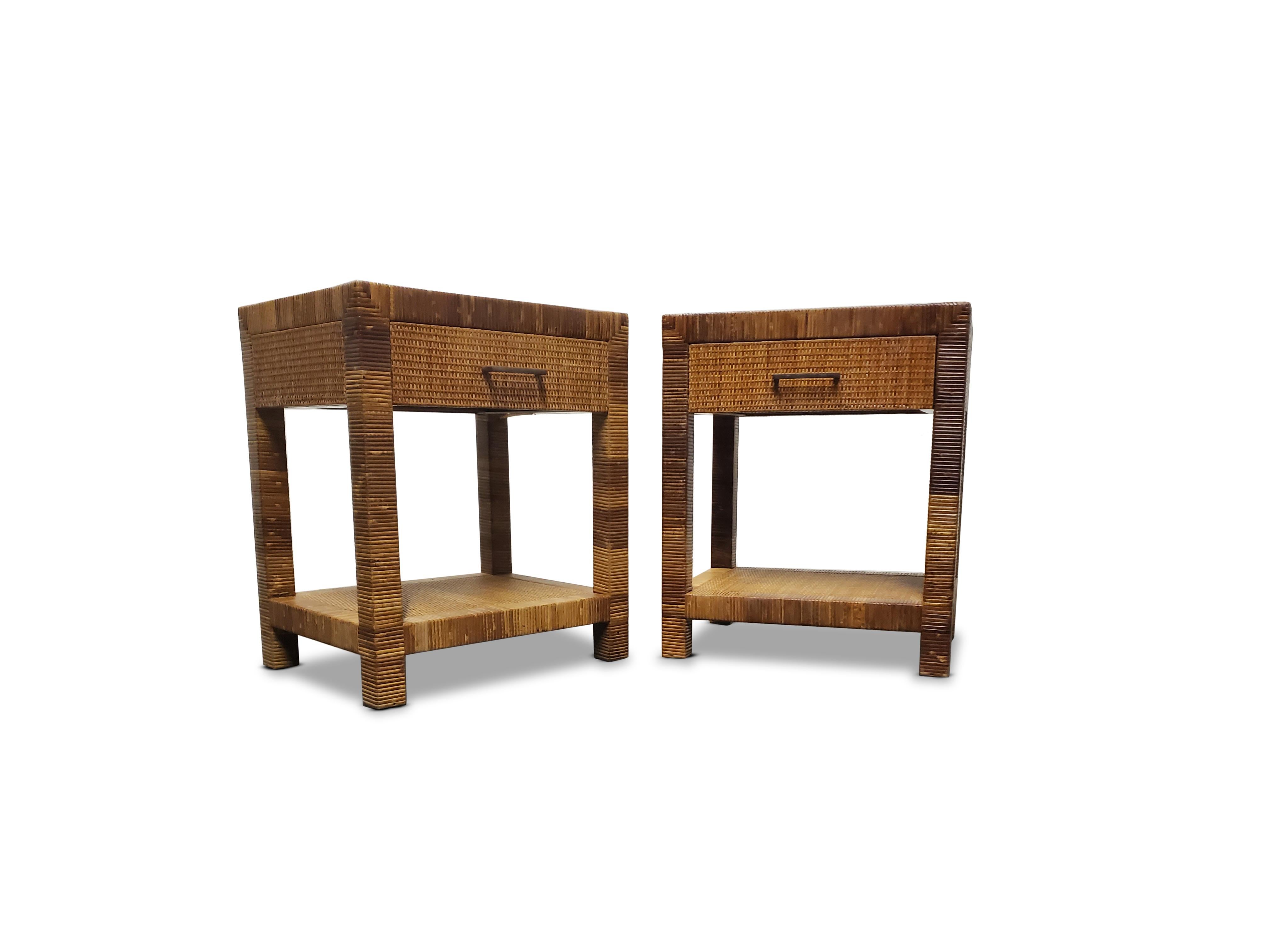 Pair of Signed Bielecky Brothers Cane / Raffia Wrapped Nightstands 7