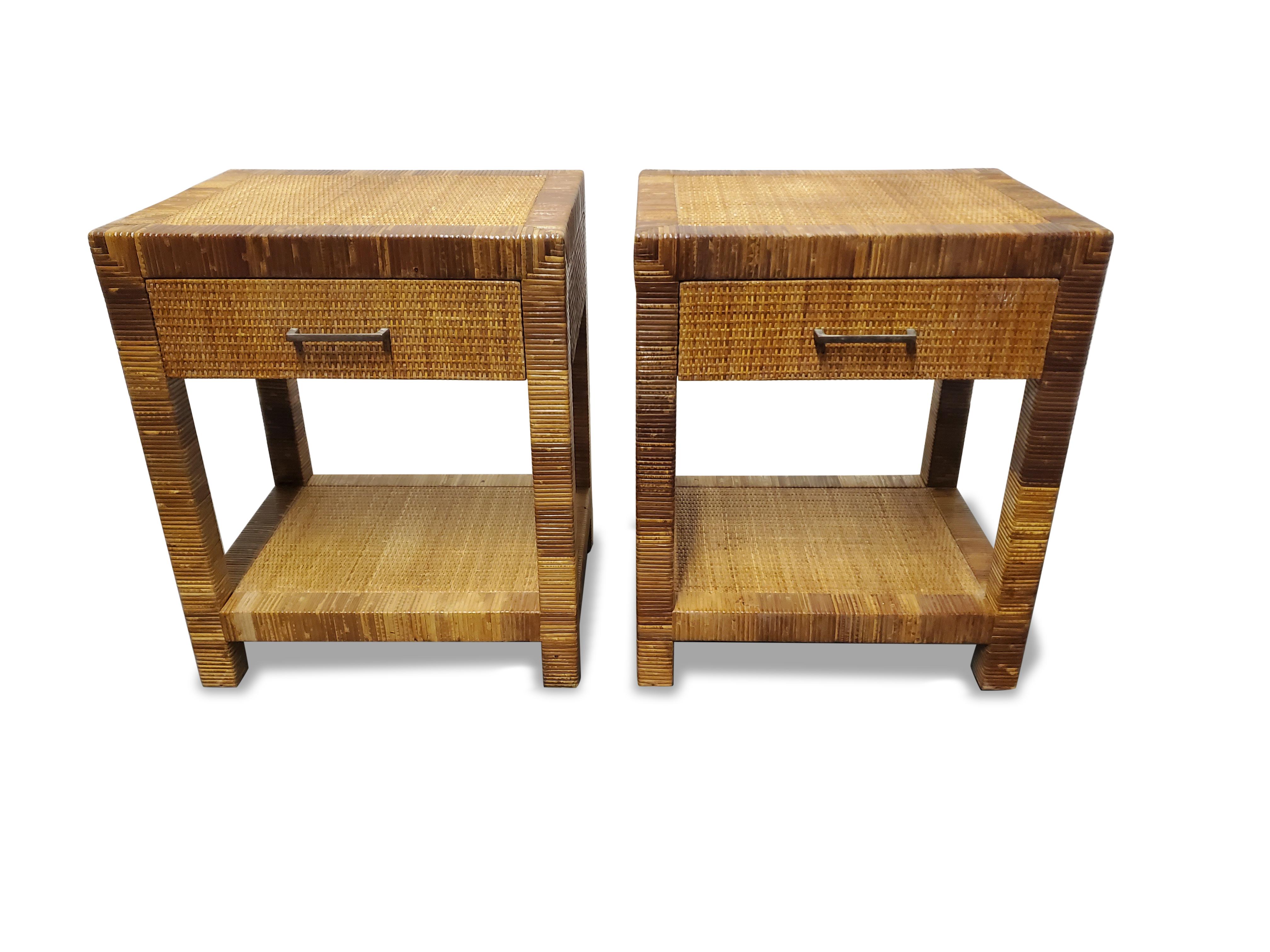 Pair of signed Bielecky Brothers Cane / Raffia wrapped nightstands 

Floor to lower shelf:
5 1/8