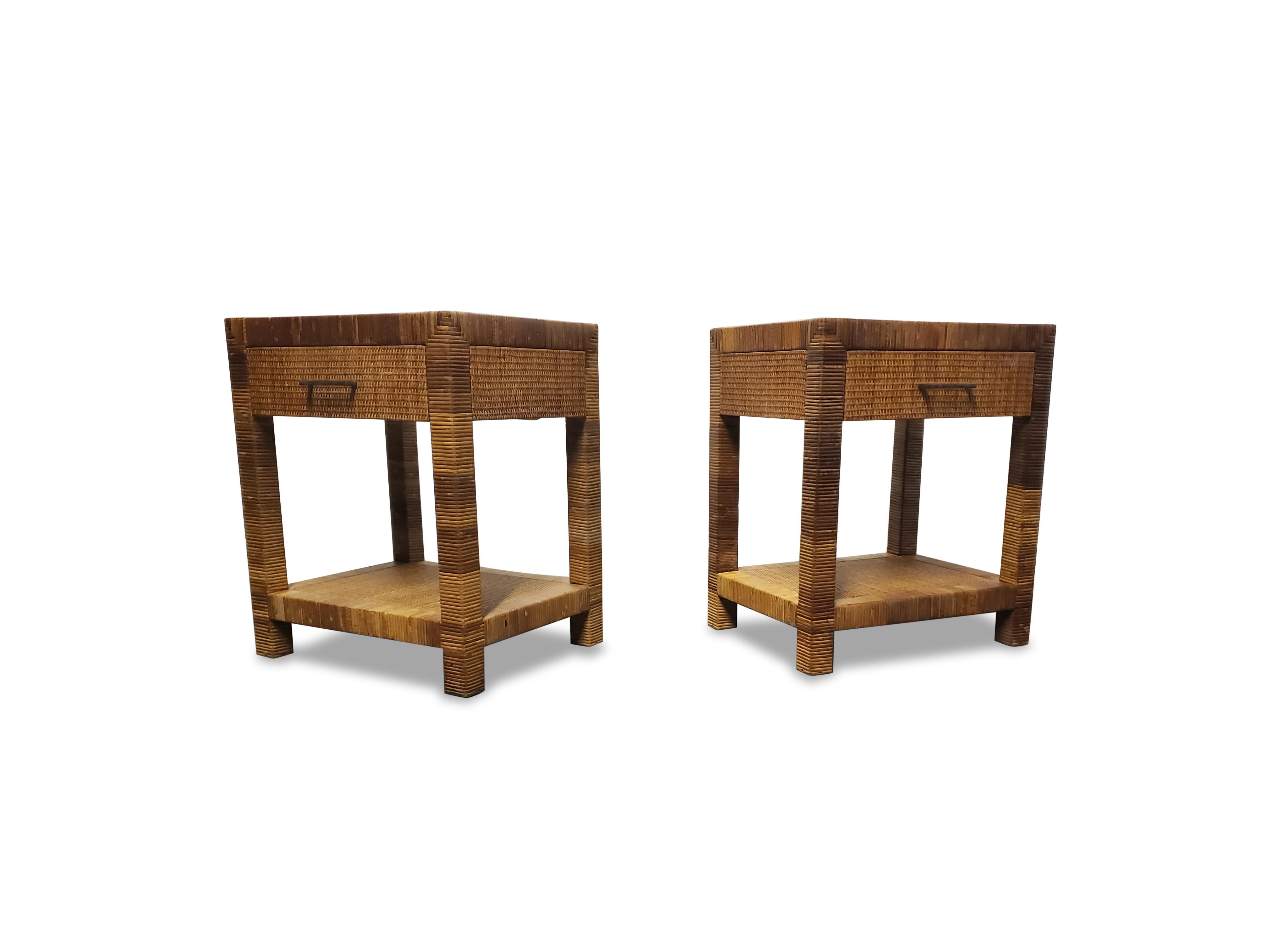 Mid-Century Modern Pair of Signed Bielecky Brothers Cane / Raffia Wrapped Nightstands