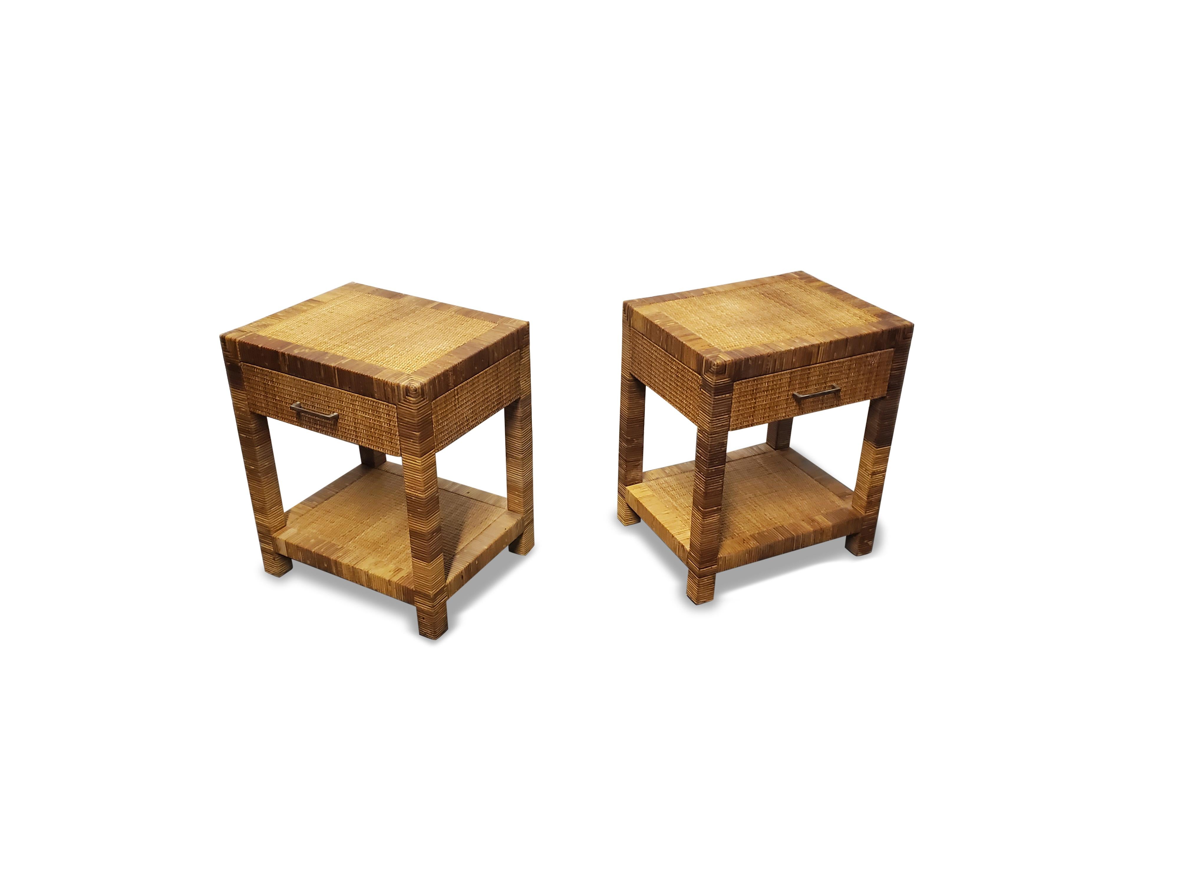 American Pair of Signed Bielecky Brothers Cane / Raffia Wrapped Nightstands