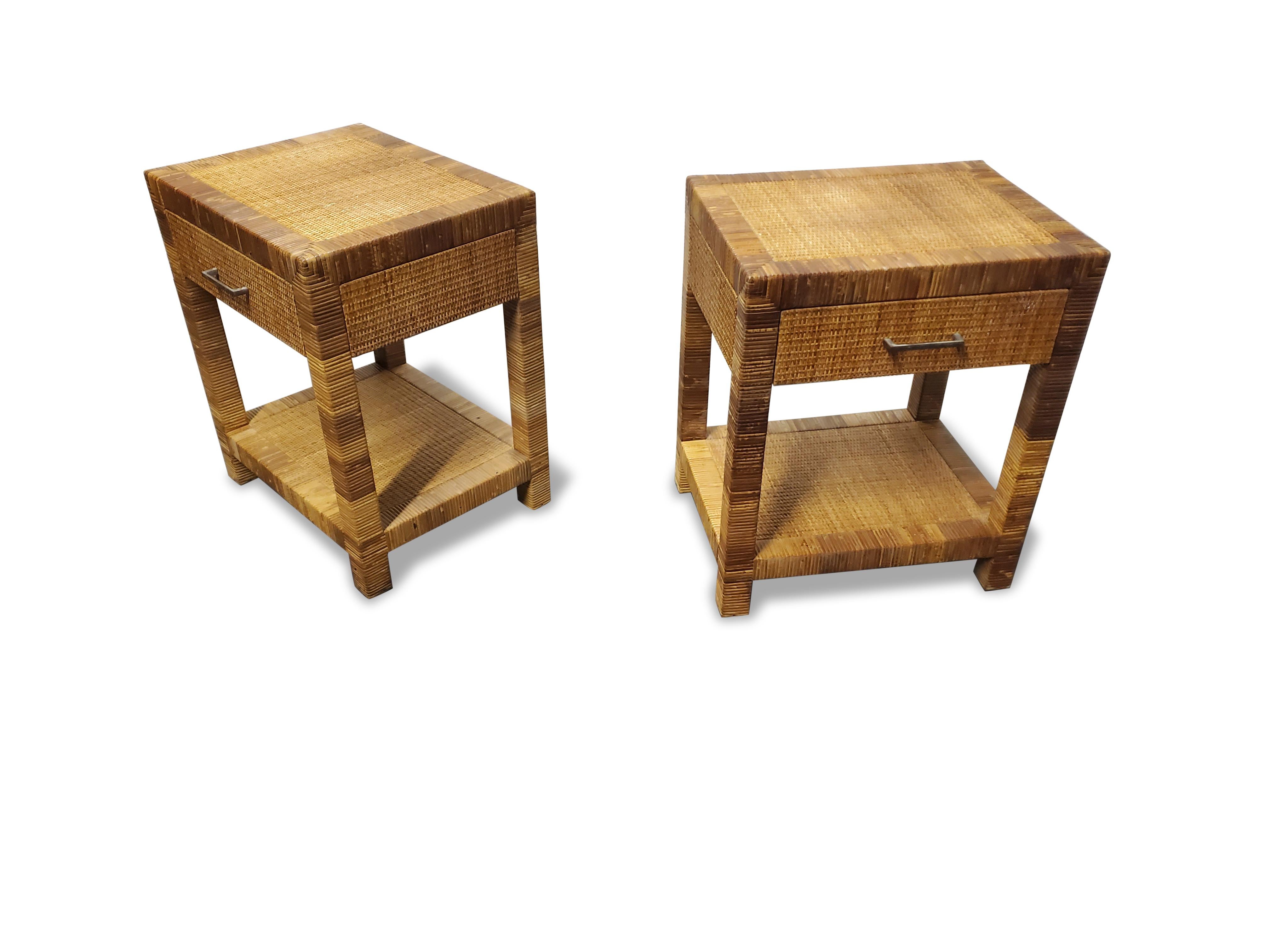 Pair of Signed Bielecky Brothers Cane / Raffia Wrapped Nightstands In Good Condition In Middlesex, NJ