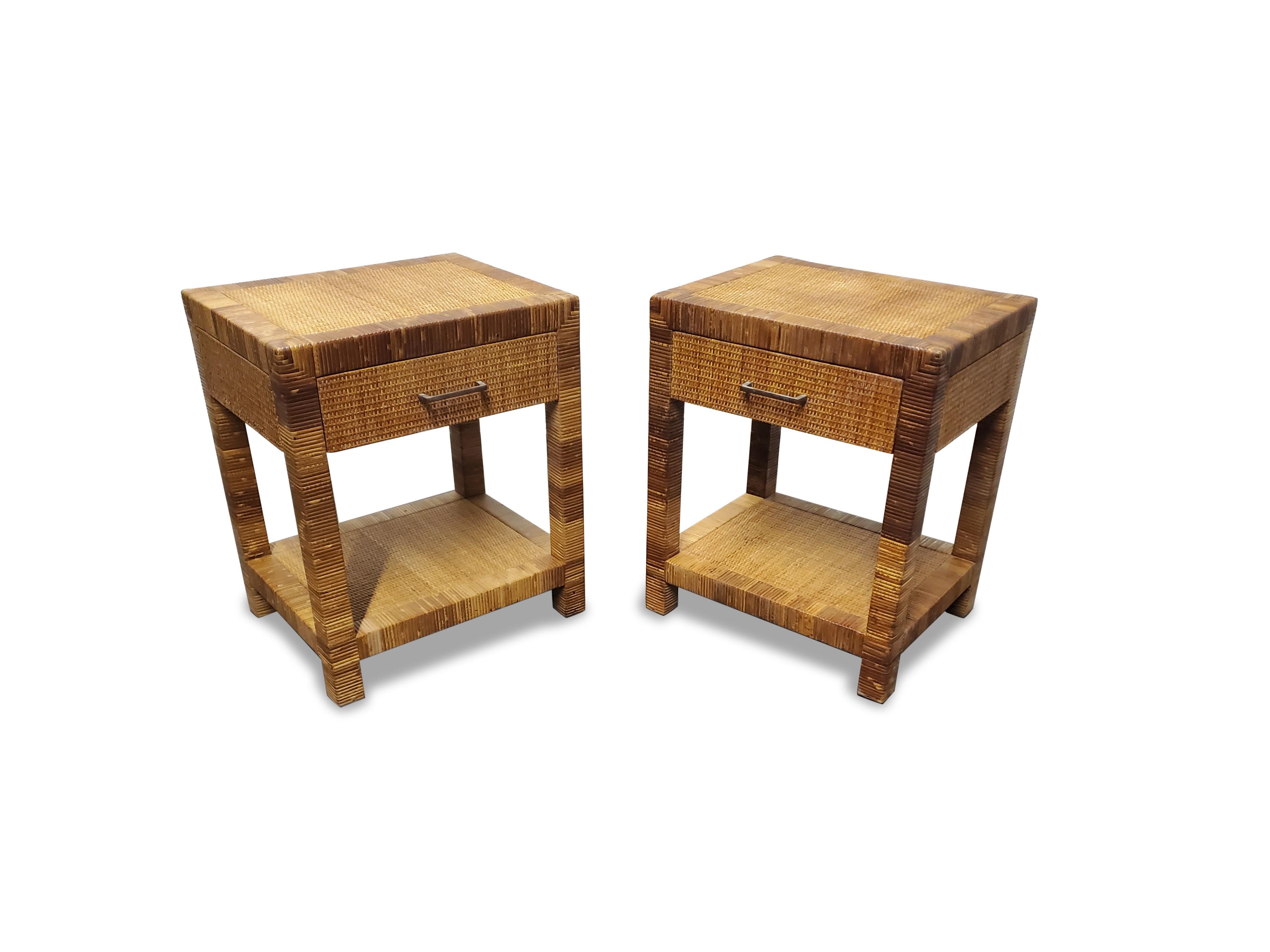 20th Century Pair of Signed Bielecky Brothers Cane / Raffia Wrapped Nightstands