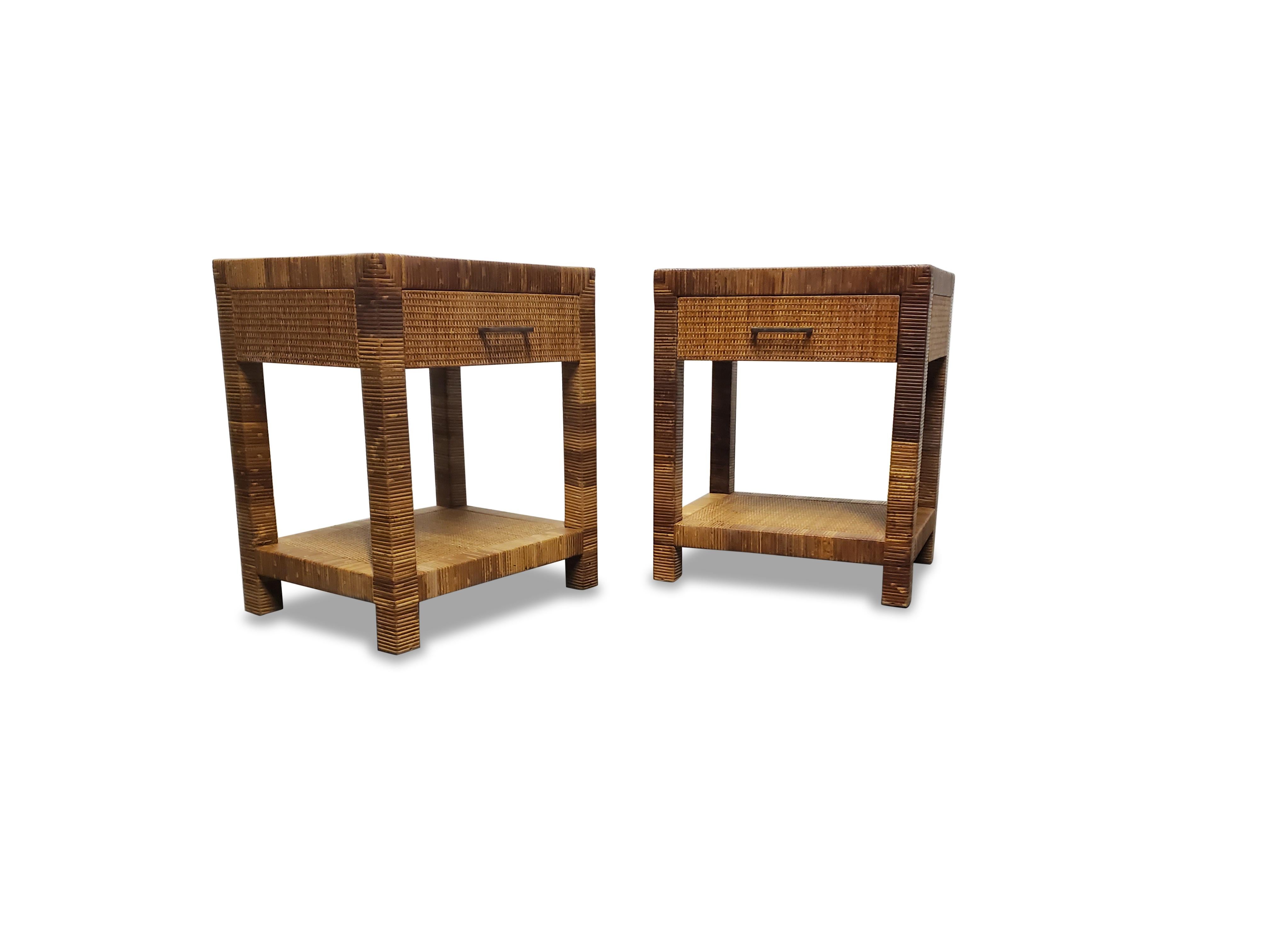 Pair of Signed Bielecky Brothers Cane / Raffia Wrapped Nightstands 1