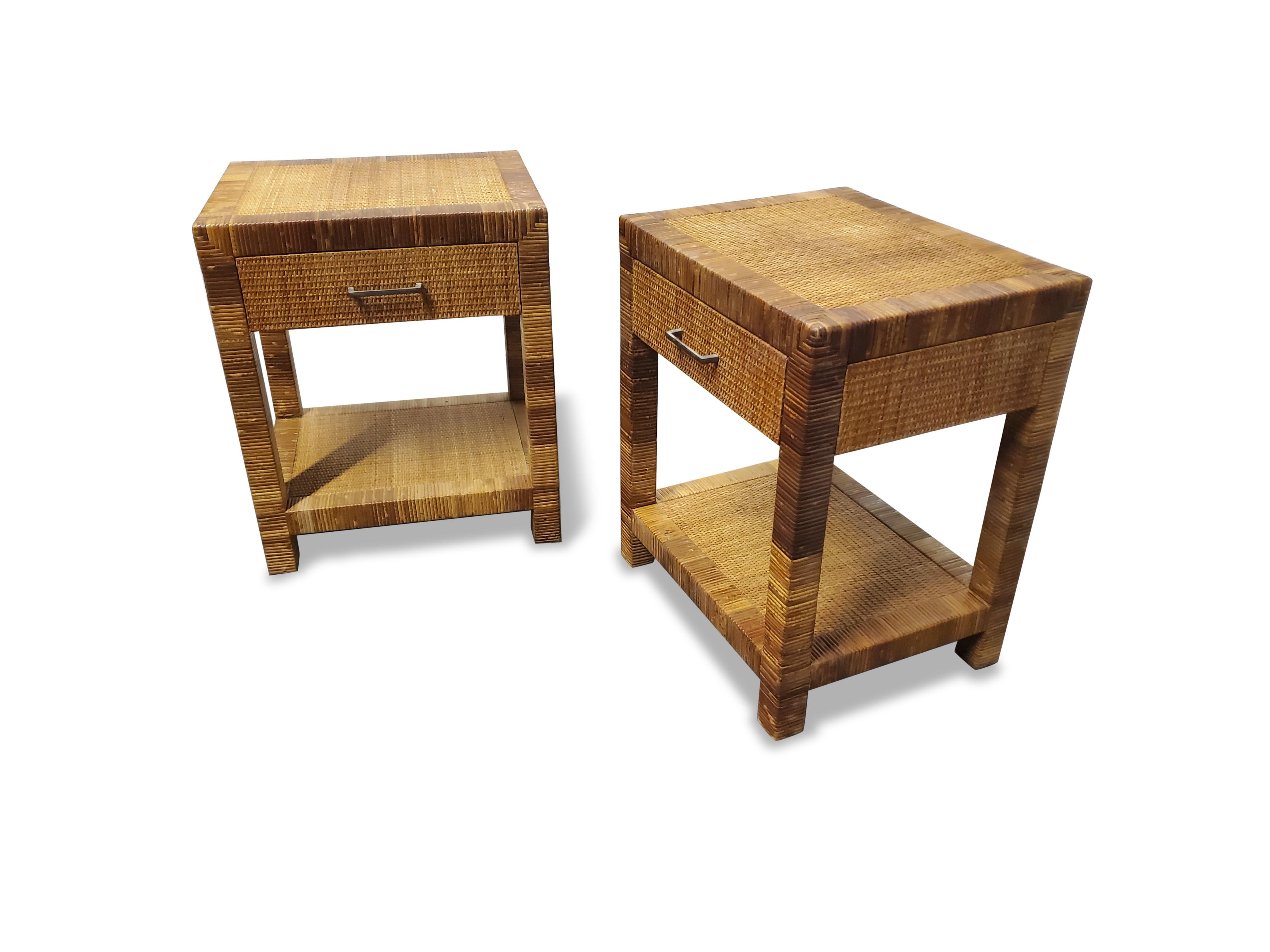 Pair of Signed Bielecky Brothers Cane / Raffia Wrapped Nightstands 2
