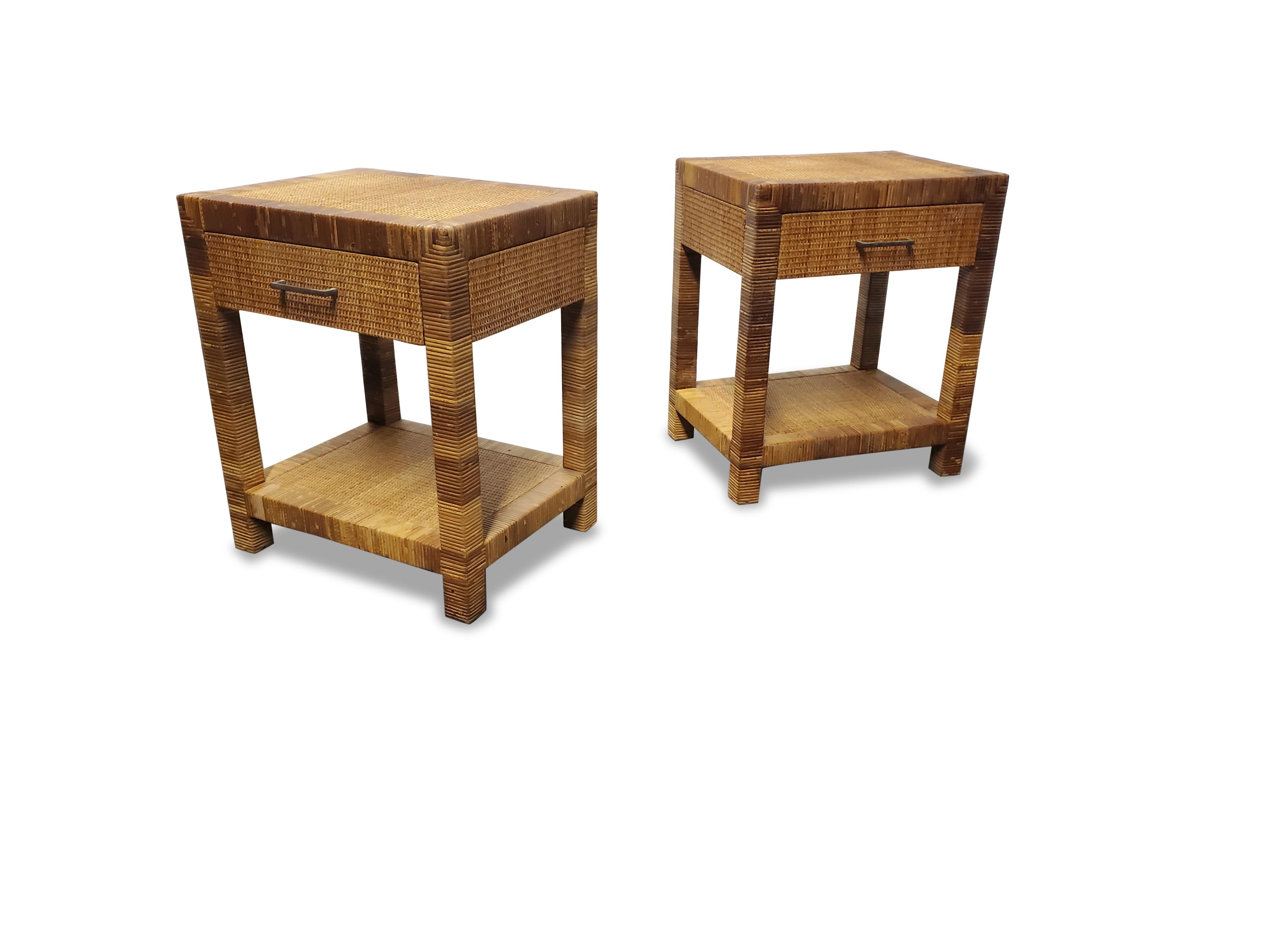 Pair of Signed Bielecky Brothers Cane / Raffia Wrapped Nightstands 3