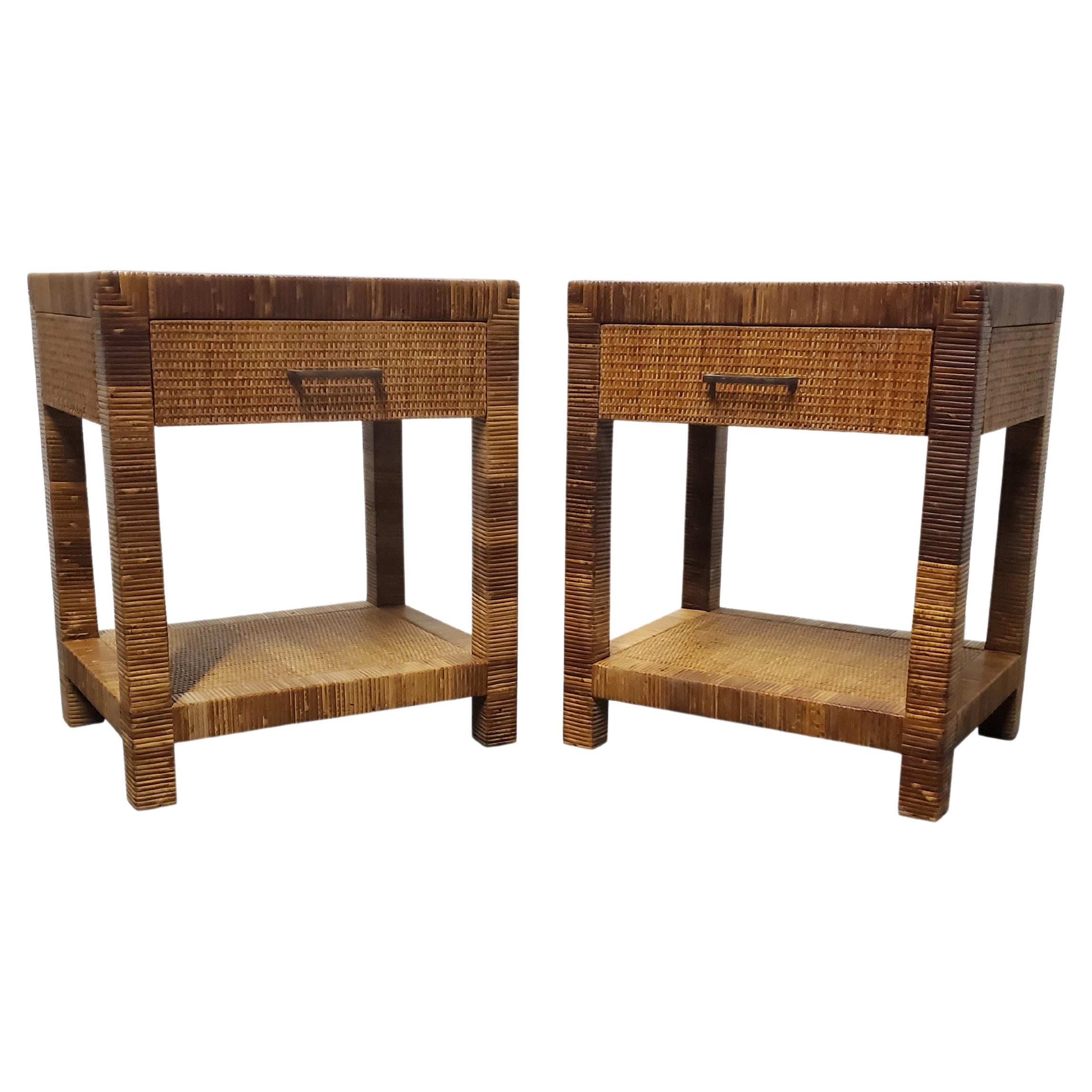 Pair of Signed Bielecky Brothers Cane / Raffia Wrapped Nightstands
