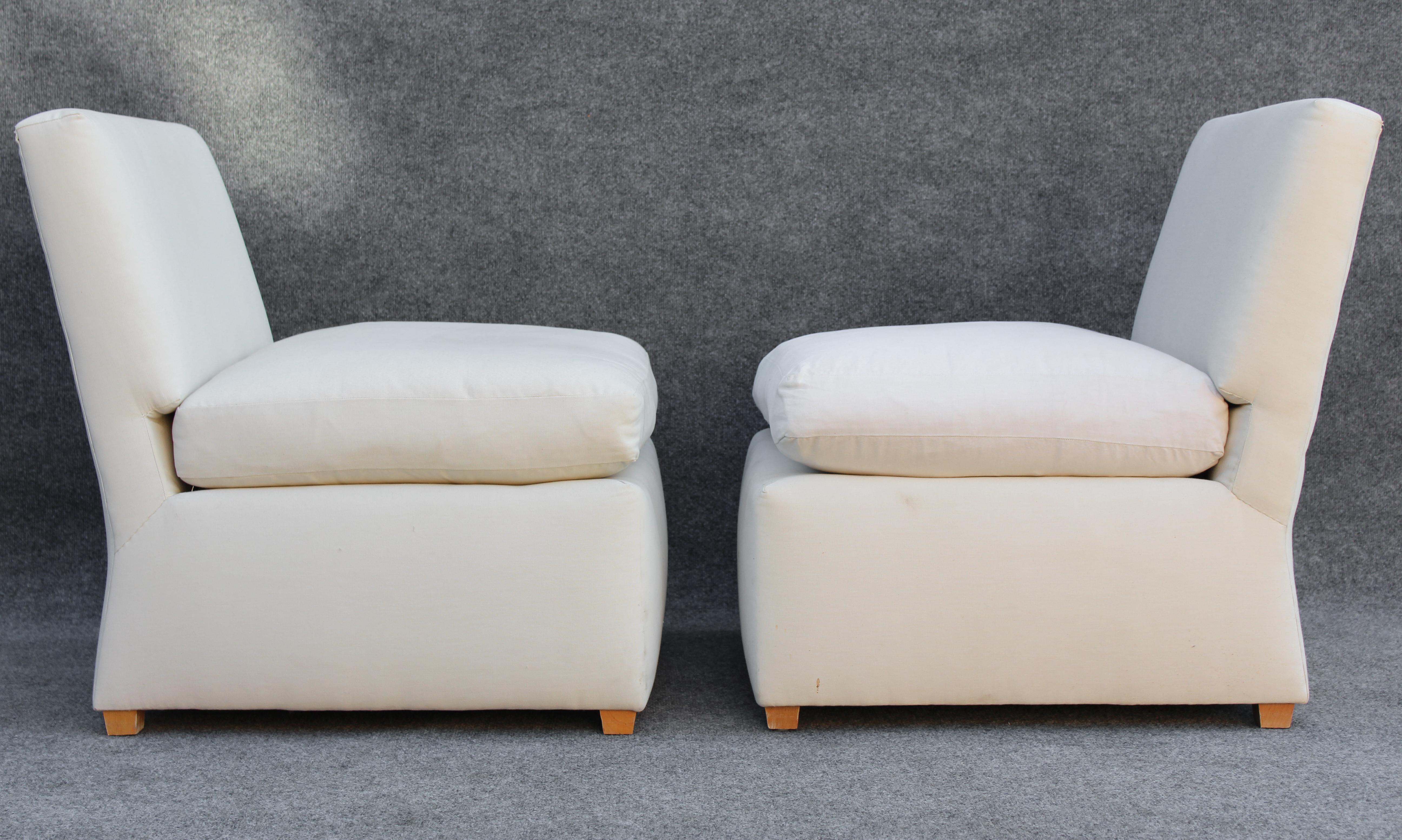 Upholstery Pair of Signed Billy Baldwin White Upholstered Postmodern Slipper Lounge Chairs 