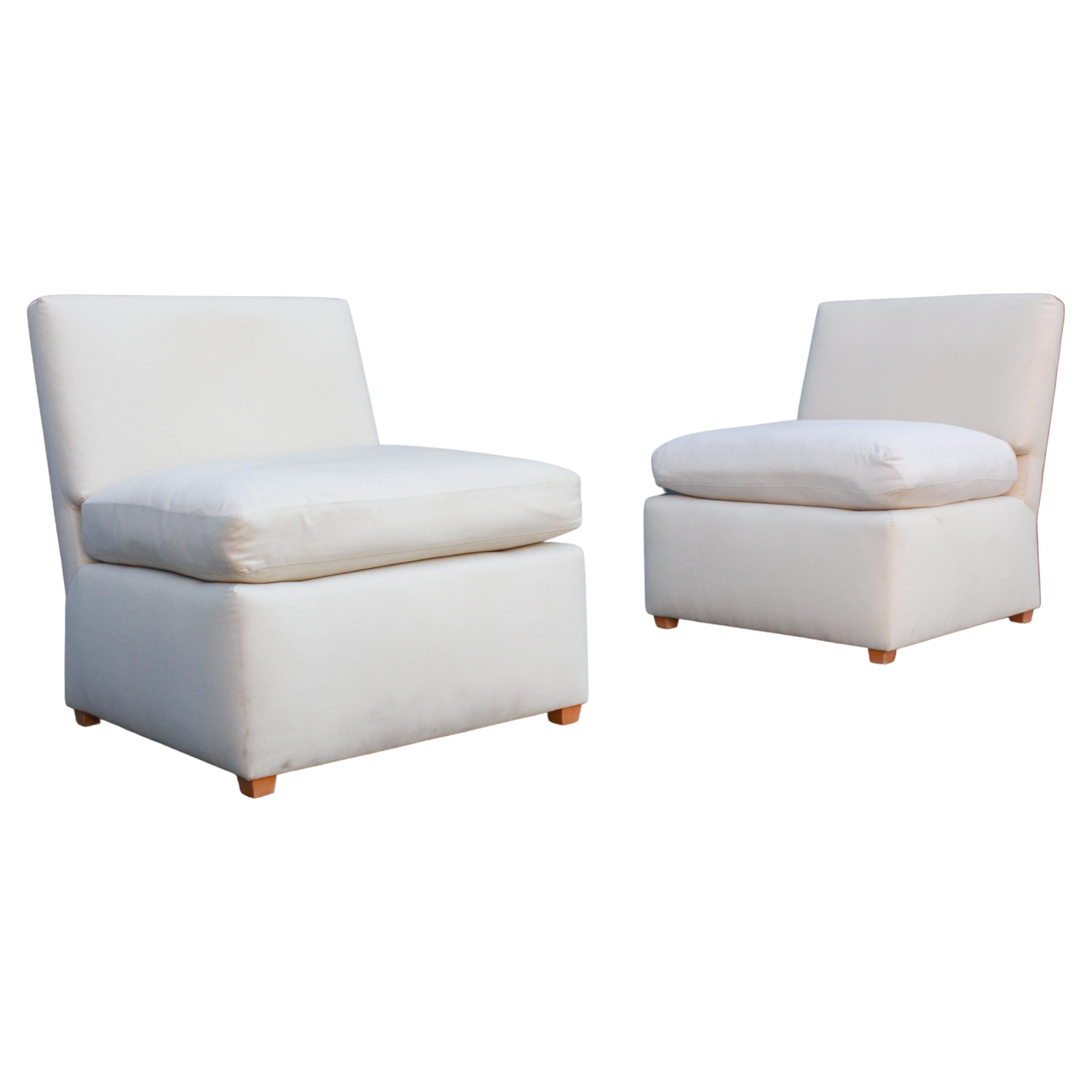 Pair of Signed Billy Baldwin White Upholstered Postmodern Slipper Lounge Chairs 
