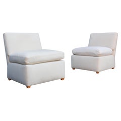 Pair of Signed Billy Baldwin White Upholstered Postmodern Slipper Lounge Chairs