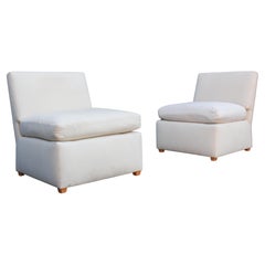 Pair of Signed Billy Baldwin White Upholstered Postmodern Slipper Lounge Chairs 