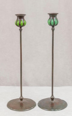Pair of Signed Bronze & Glass Tiffany Candlesticks, ca. 1905