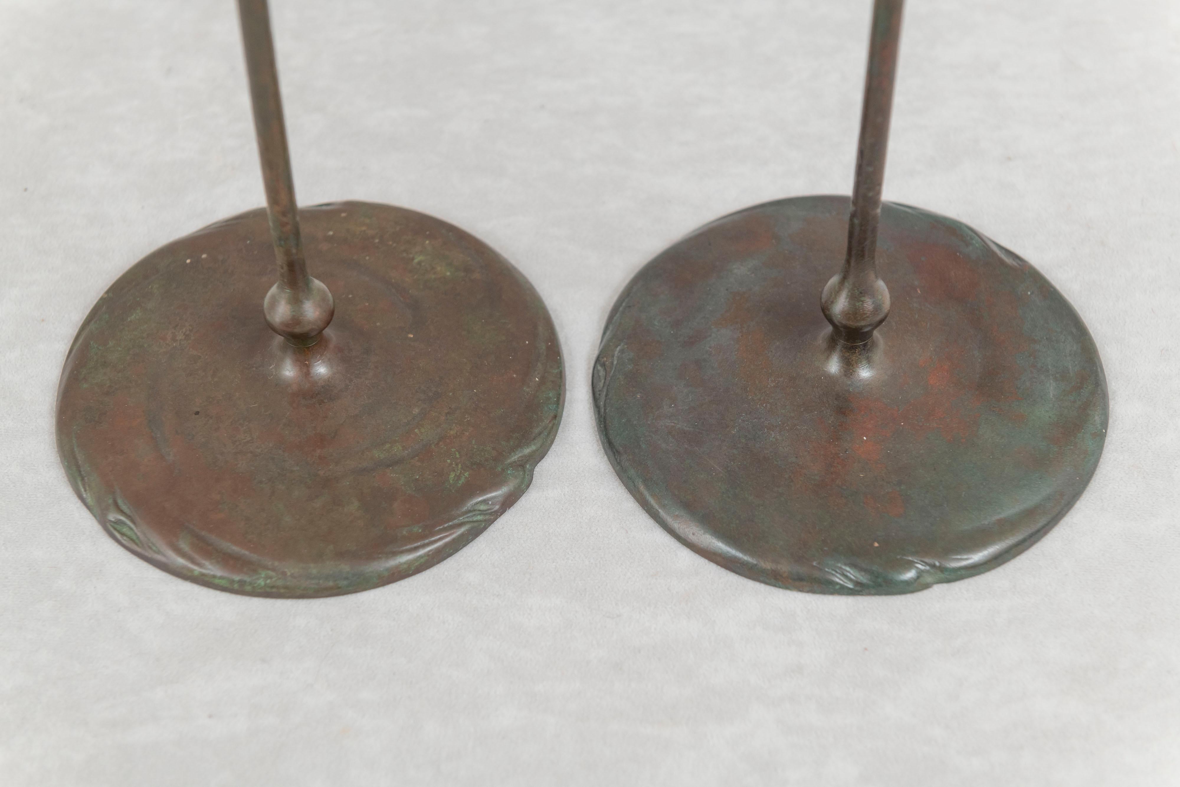 Arts and Crafts Pair of Signed Bronze & Glass Tiffany Candlesticks, ca. 1905