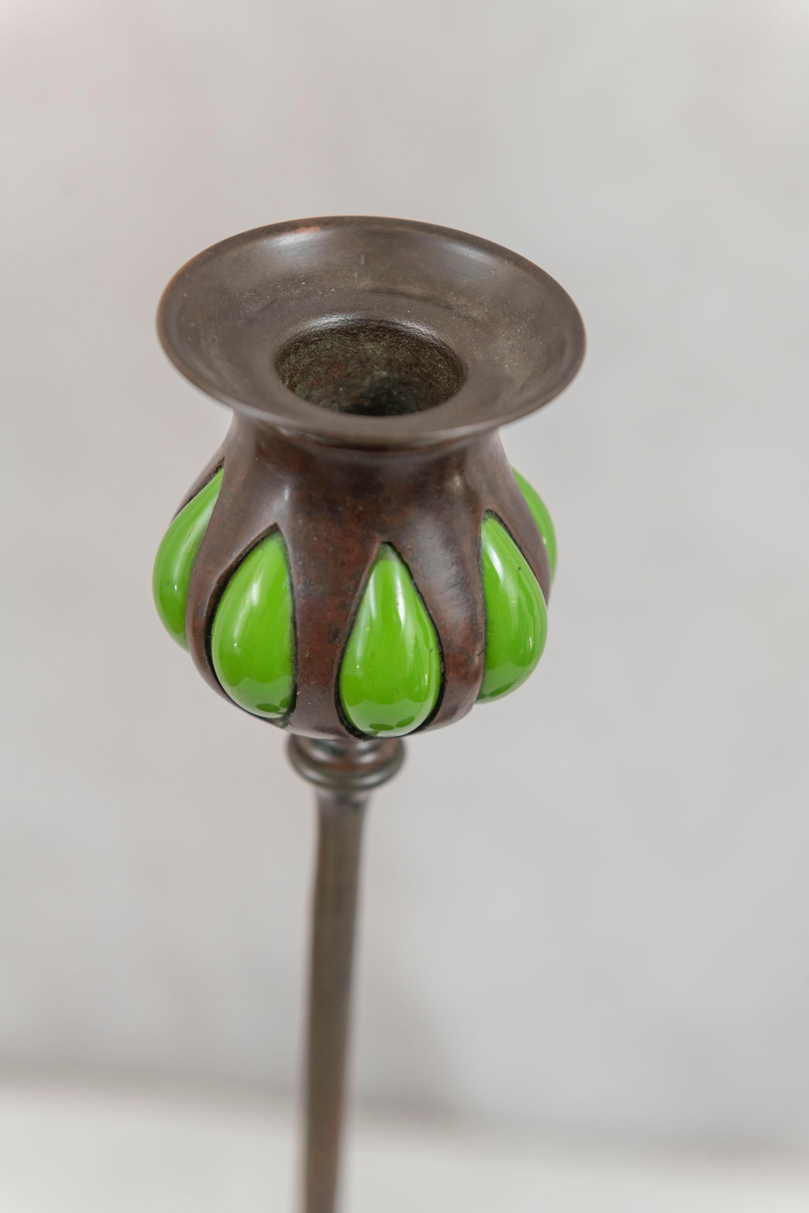 American Pair of Signed Bronze & Glass Tiffany Candlesticks, ca. 1905