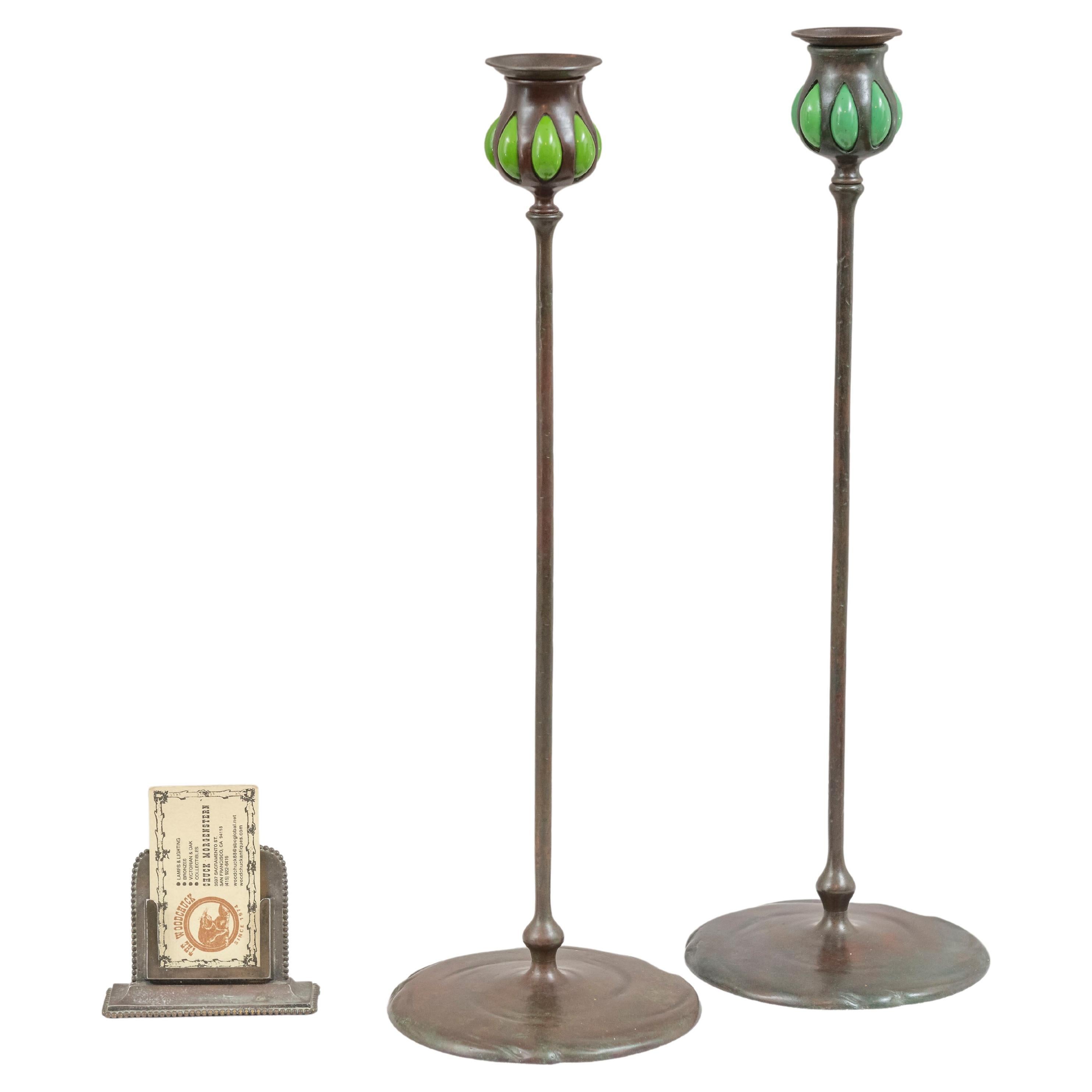 Pair of Signed Bronze & Glass Tiffany Candlesticks, ca. 1905