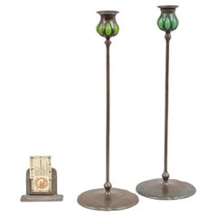 Antique Pair of Signed Bronze & Glass Tiffany Candlesticks, ca. 1905