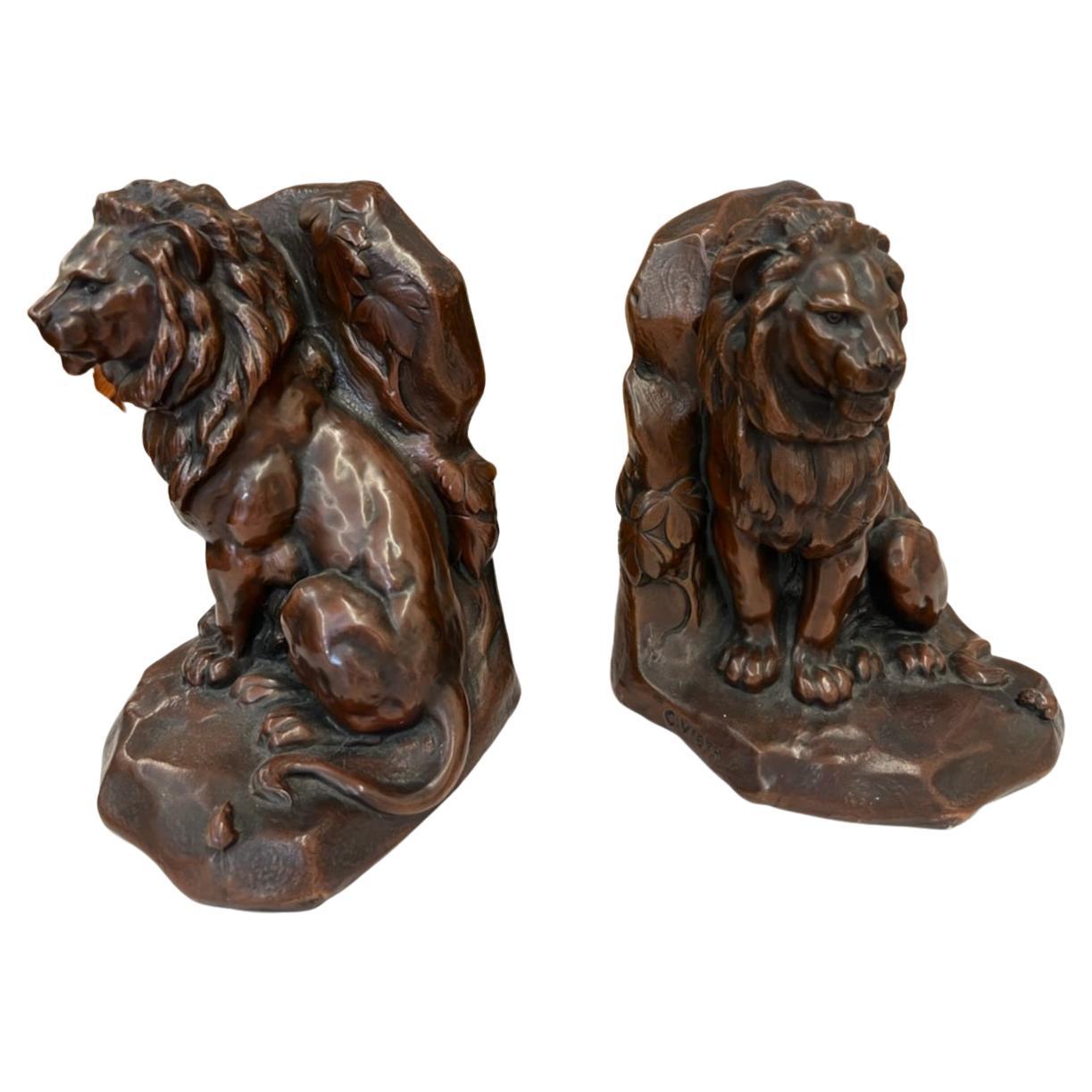 Adirondack Pair of Signed Bronze Lion Bookends, Circa 1900 For Sale