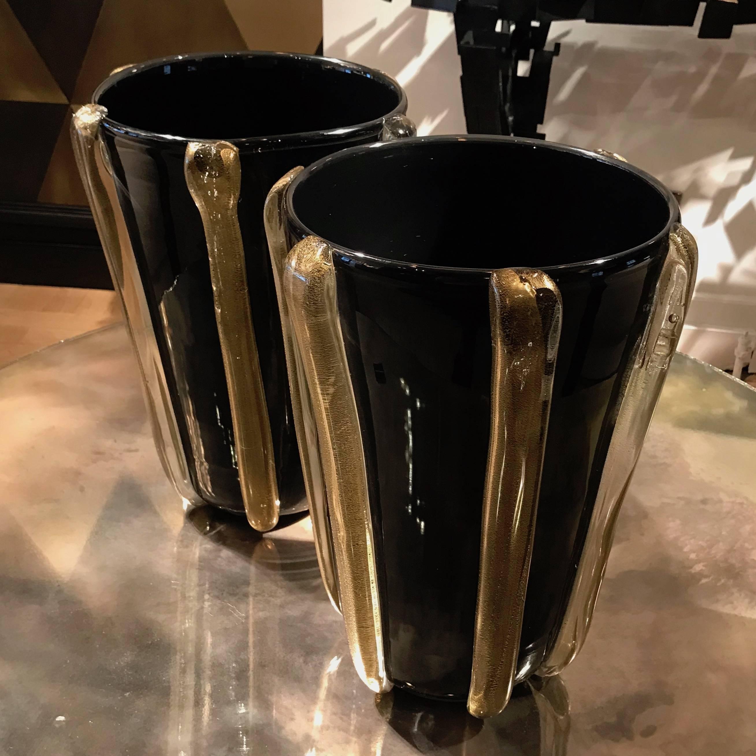 Italian Pair of Signed Costantini Murano Glass Gold and Black Vases For Sale