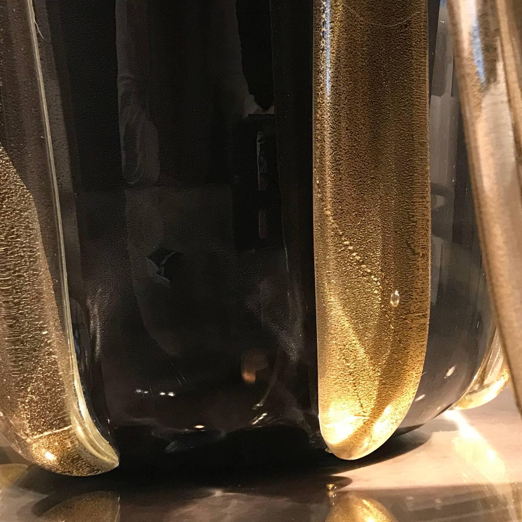 Pair of Signed Costantini Murano Glass Gold and Black Vases For Sale 3
