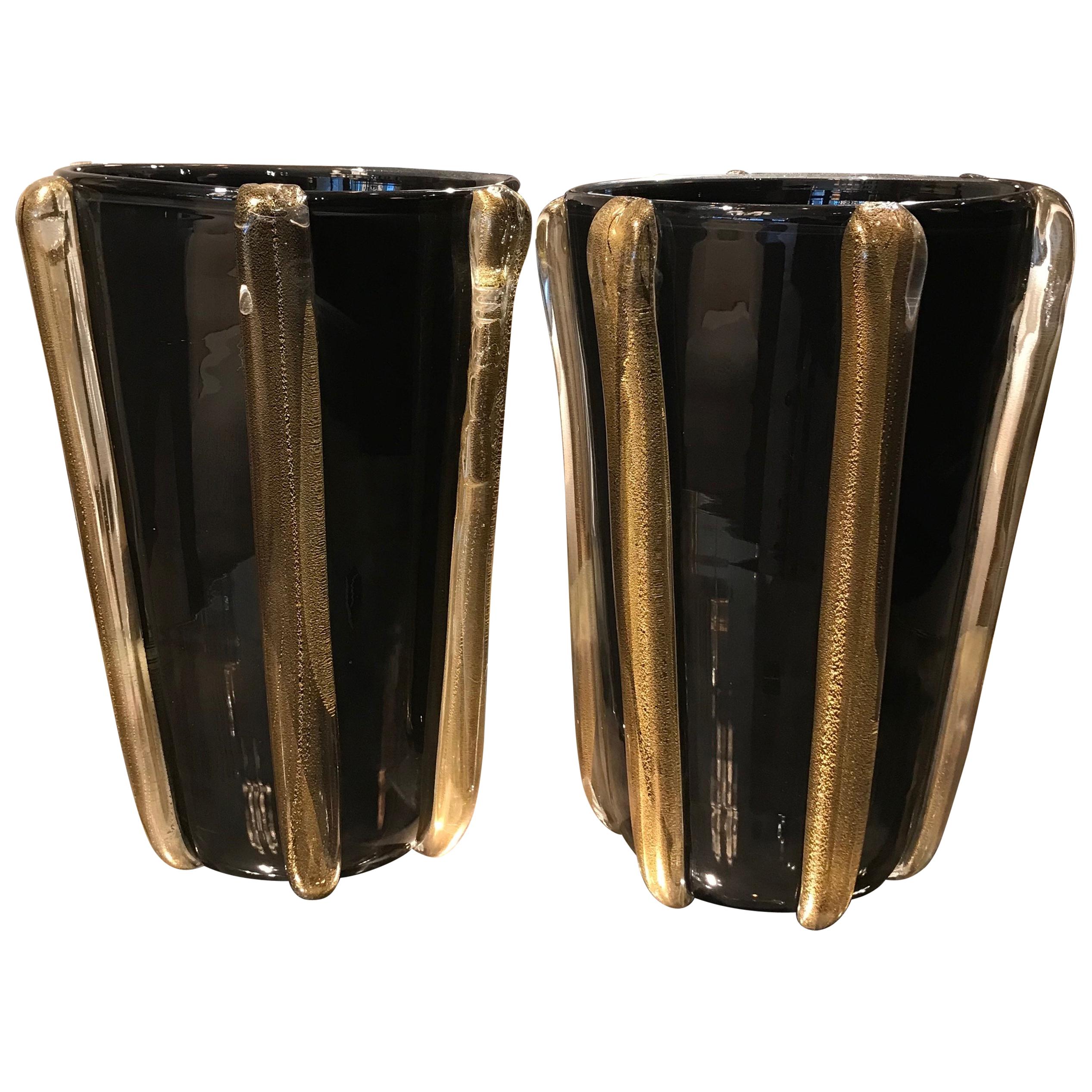 Pair of Signed Costantini Murano Glass Gold and Black Vases For Sale
