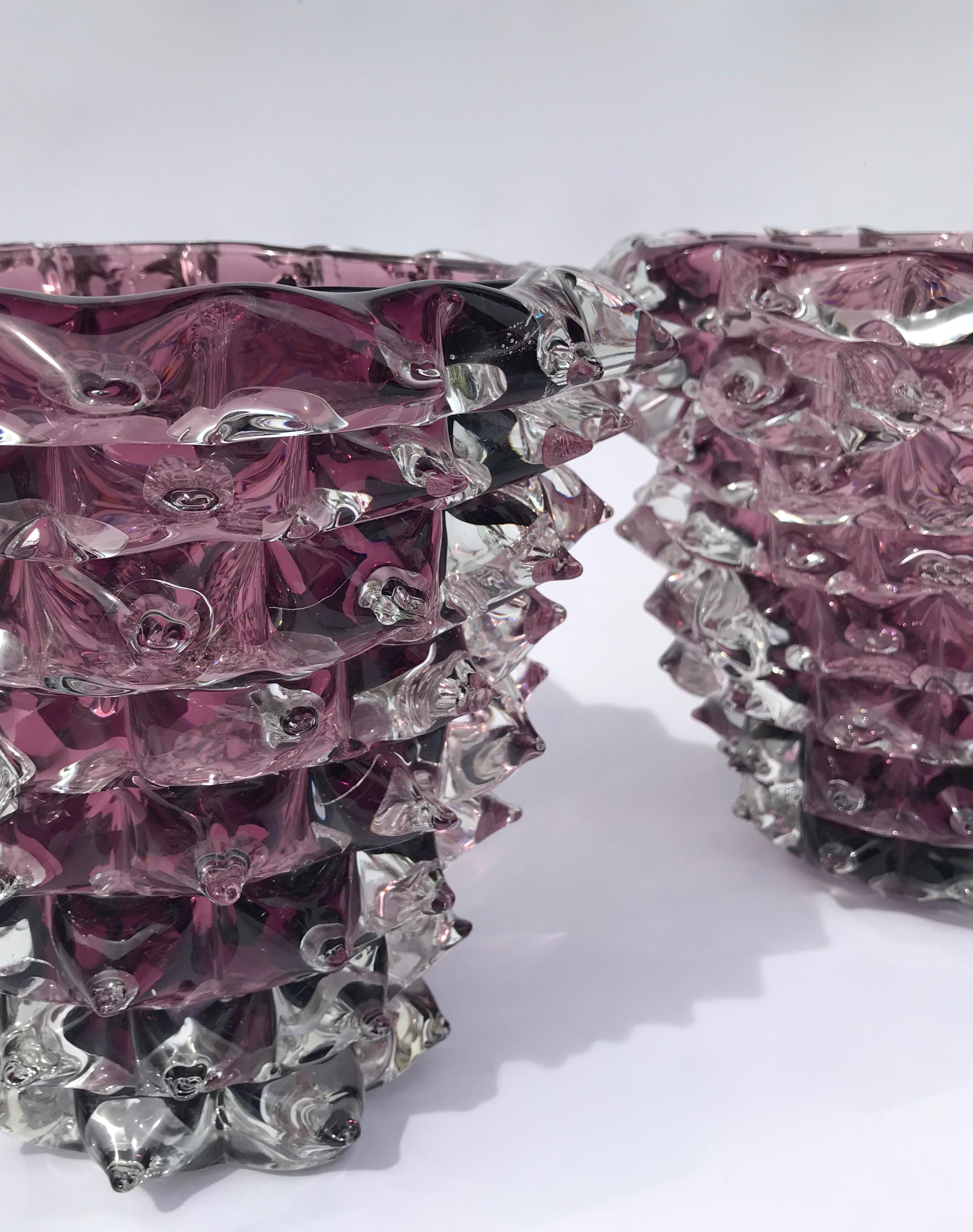 Pair of Signed Costantini, Purple Murano Glass Rostrati Vases In Excellent Condition In London, GB