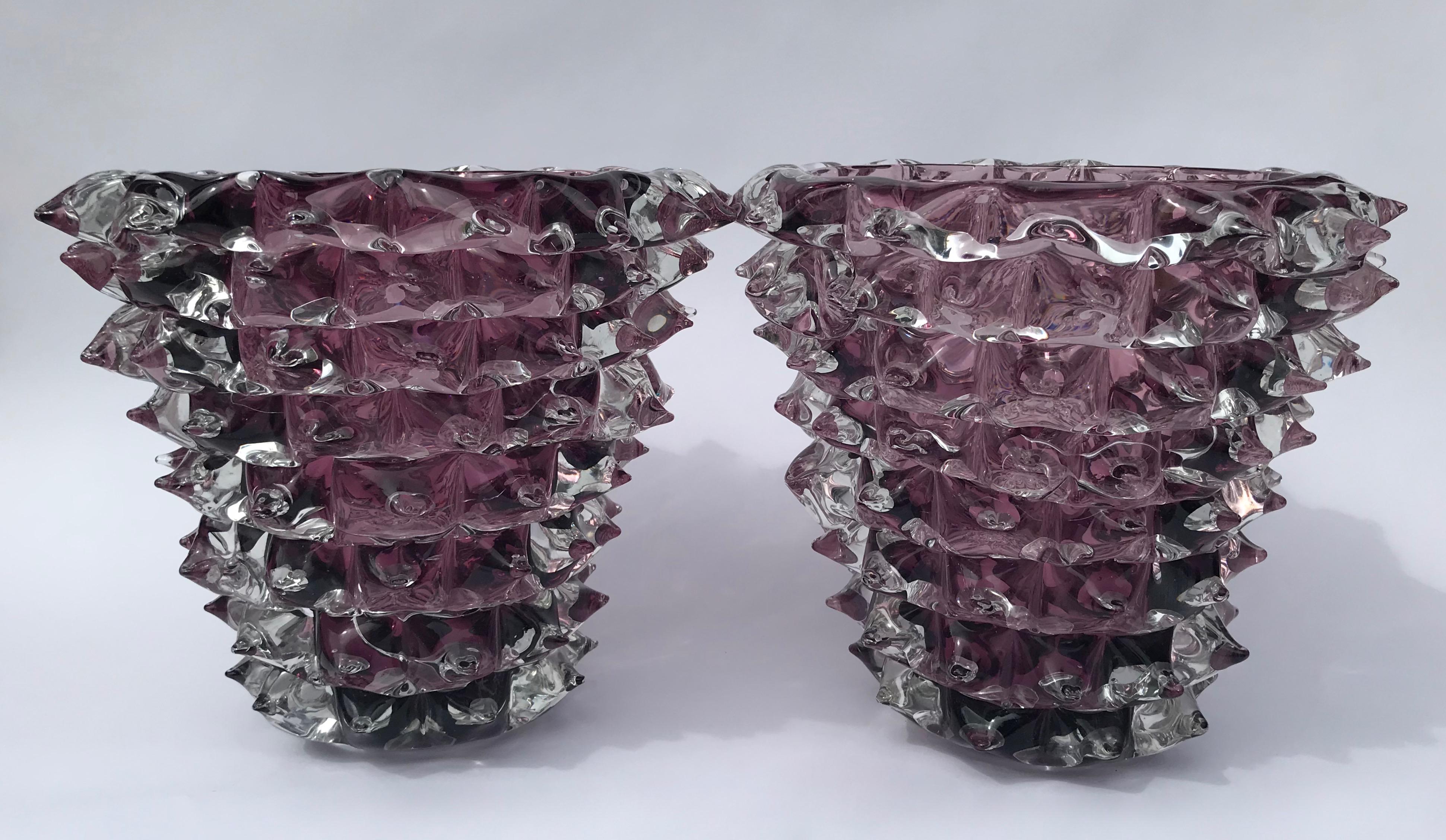 Contemporary Pair of Signed Costantini, Purple Murano Glass Rostrati Vases