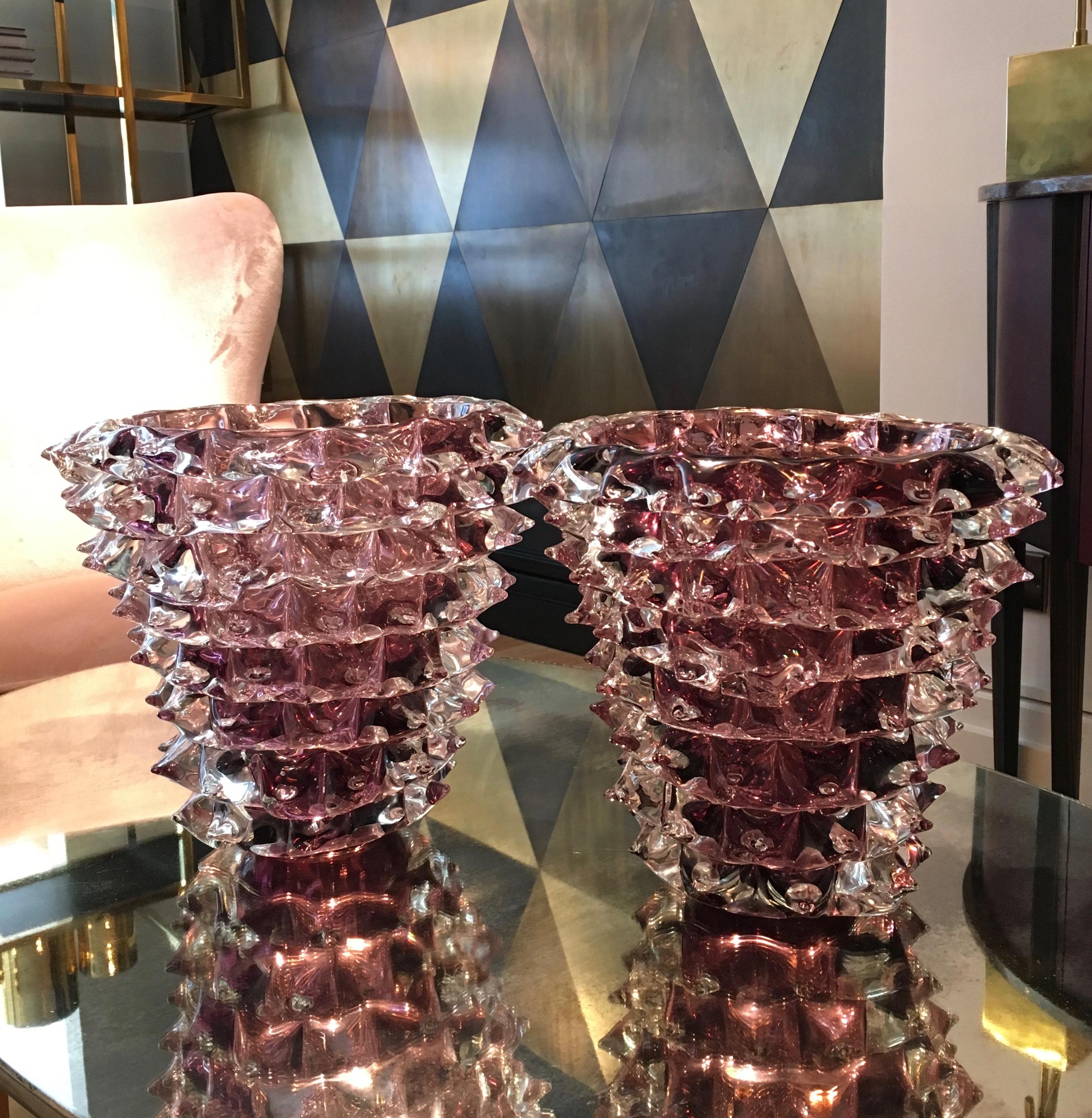 Pair of Signed Costantini, Purple Murano Glass Rostrati Vases 1