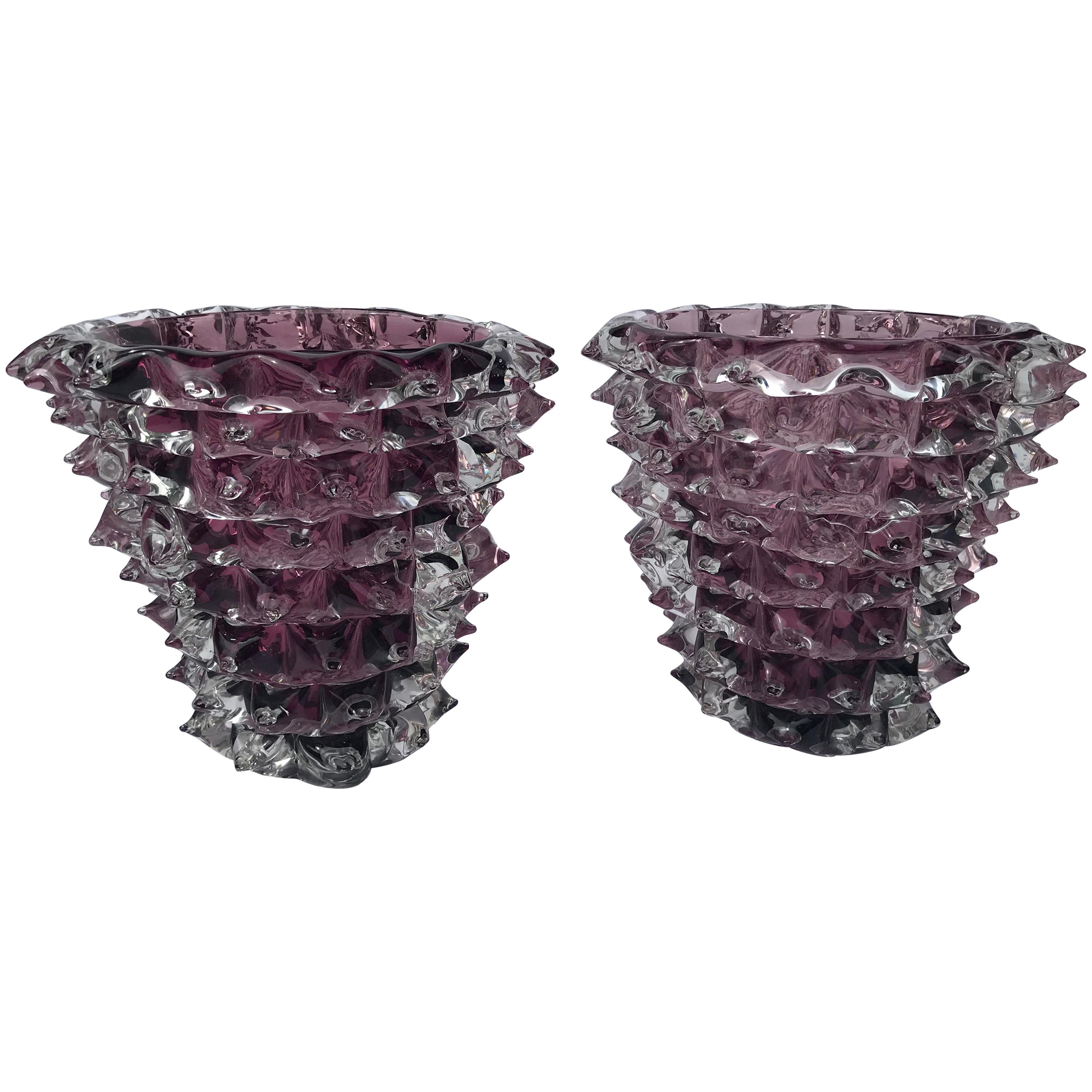 Pair of Signed Costantini, Purple Murano Glass Rostrati Vases