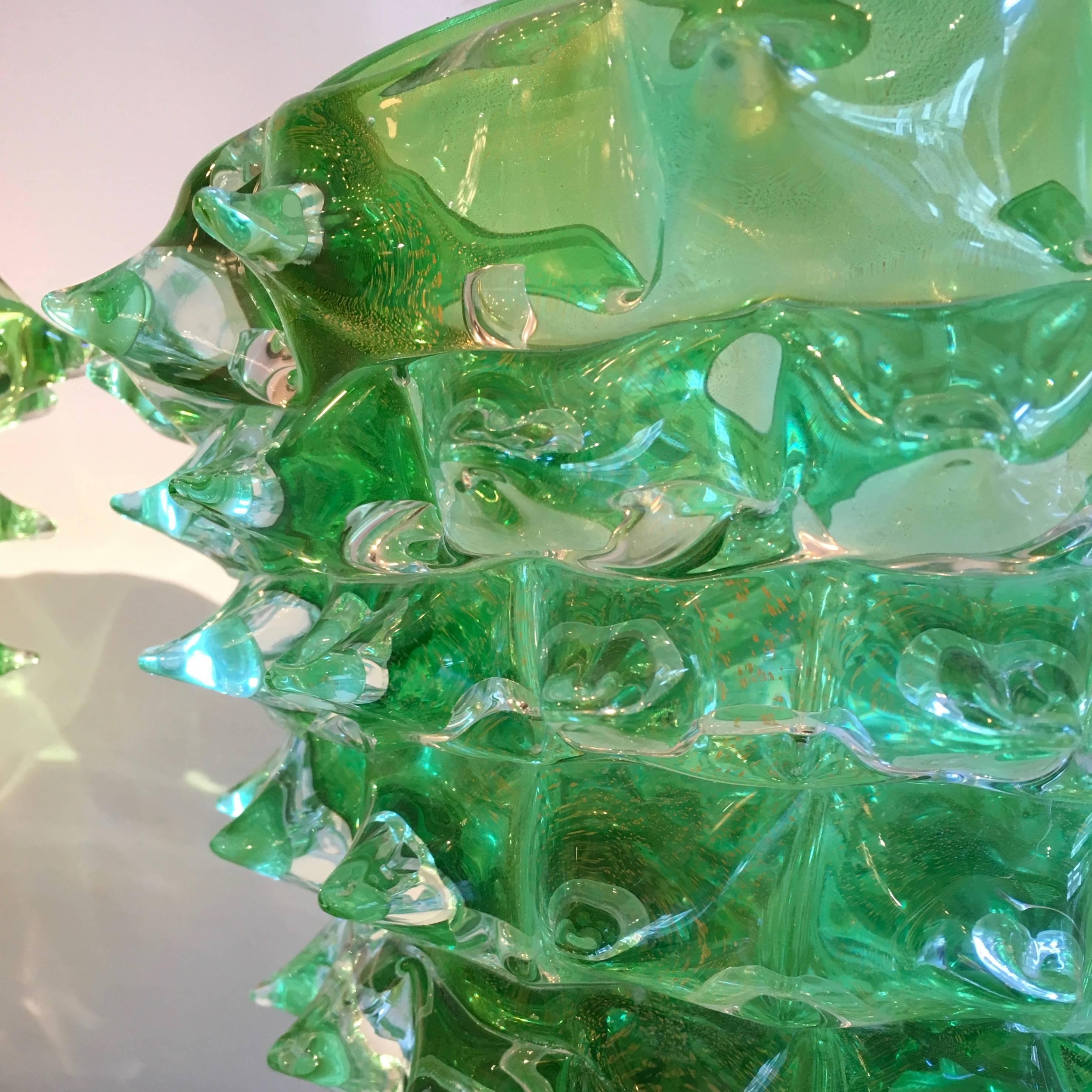 Pair of Signed Costantini, Green Murano Rostrati Vases For Sale 2