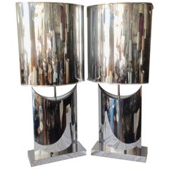 Pair of Signed Curtis Jere Polished Steel Lamps