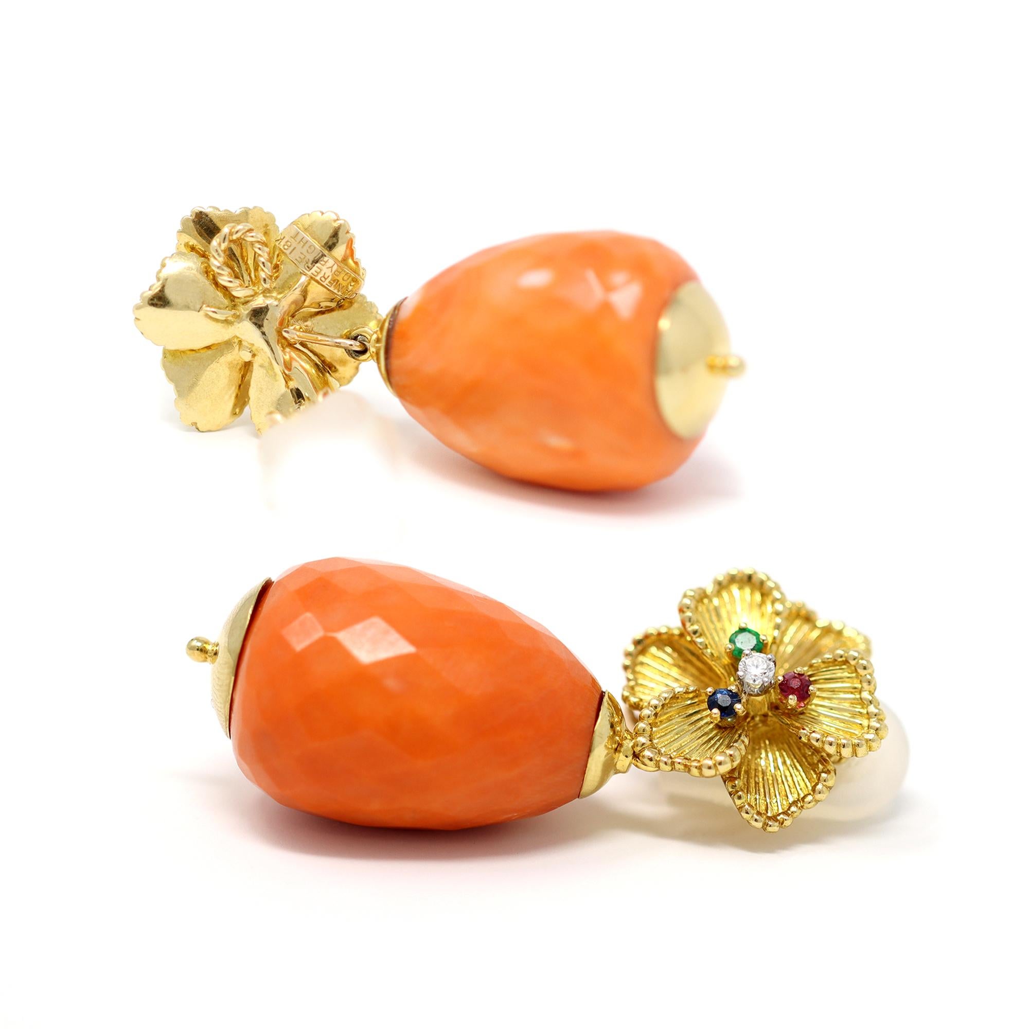A signed pair of Danfrere day and night dangling clip-on earrings circa 1960. The earrings feature drop faceted natural and untreated salmon color coral as removable pendants from a multicolor stone flower tops with diamond runy emerald and sapphire