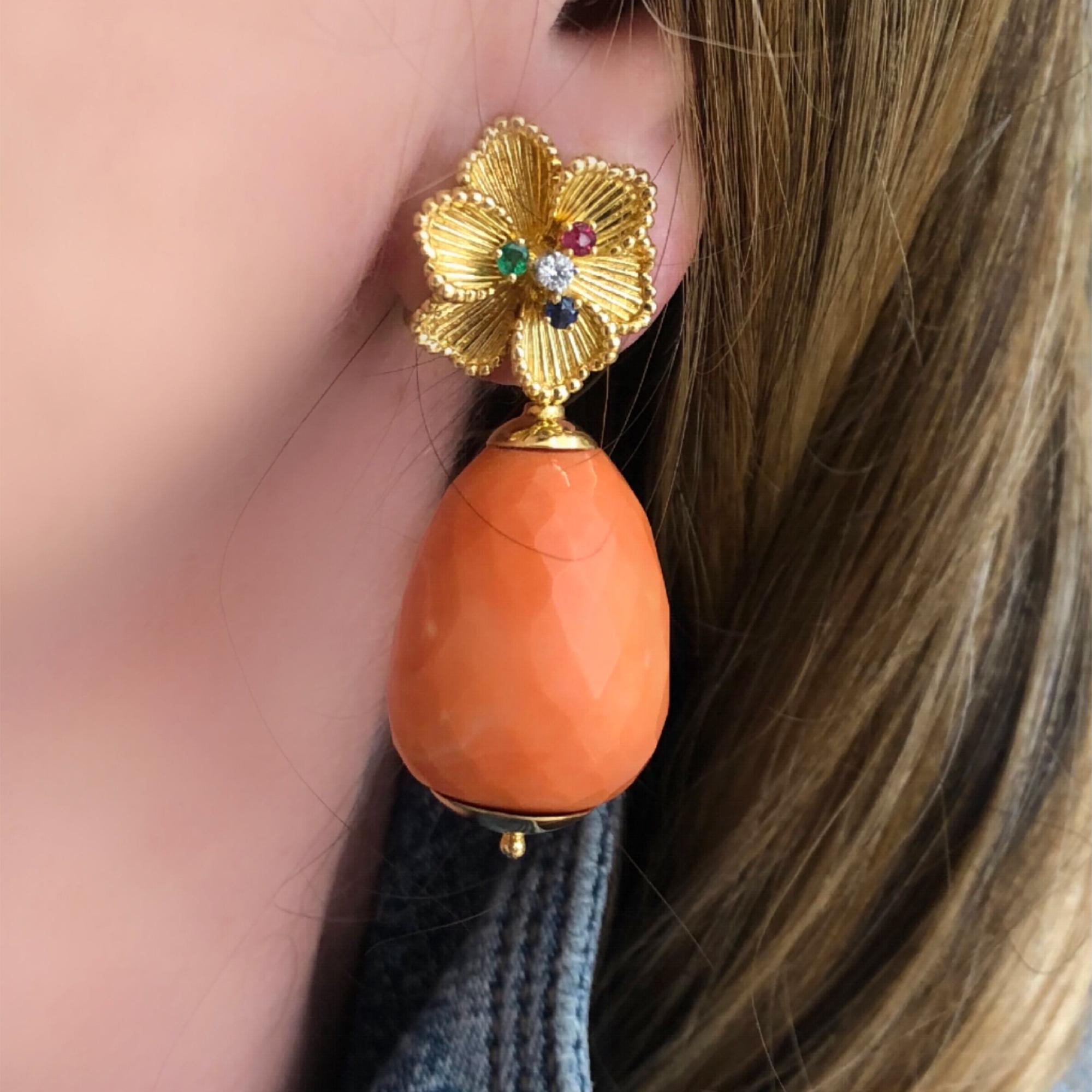 Mixed Cut Pair of Signed Danfrere Day and Night Coral Dangling Earrings with Floral Motifs