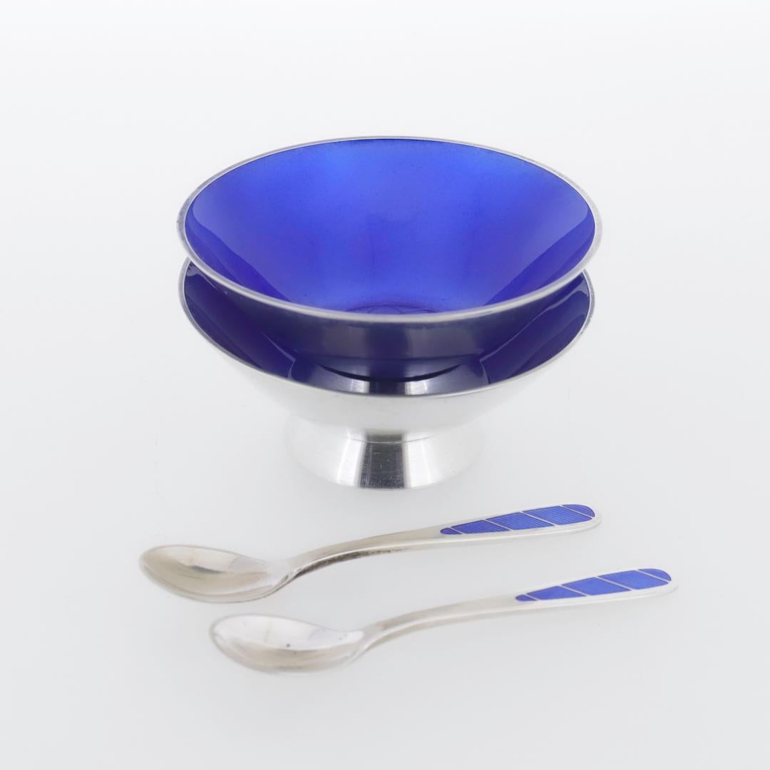 Pair of Signed Danish Modern Sterling Silver & Blue Enamel Salt Cellars & Spoons For Sale 10