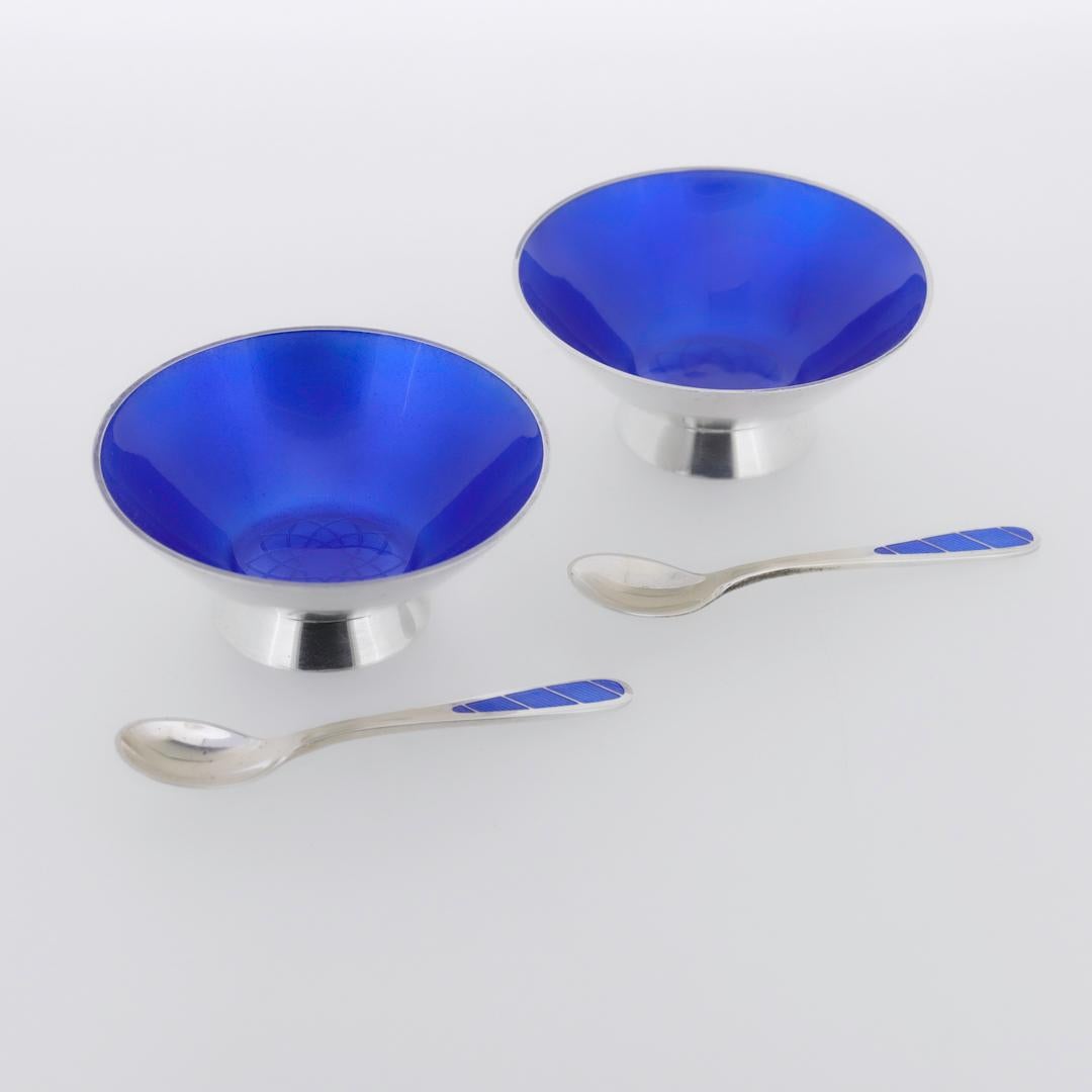 Women's or Men's Pair of Signed Danish Modern Sterling Silver & Blue Enamel Salt Cellars & Spoons For Sale