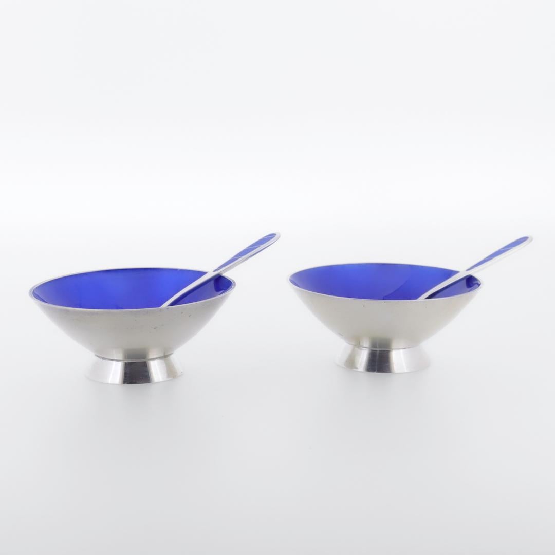 Pair of Signed Danish Modern Sterling Silver & Blue Enamel Salt Cellars & Spoons For Sale 3