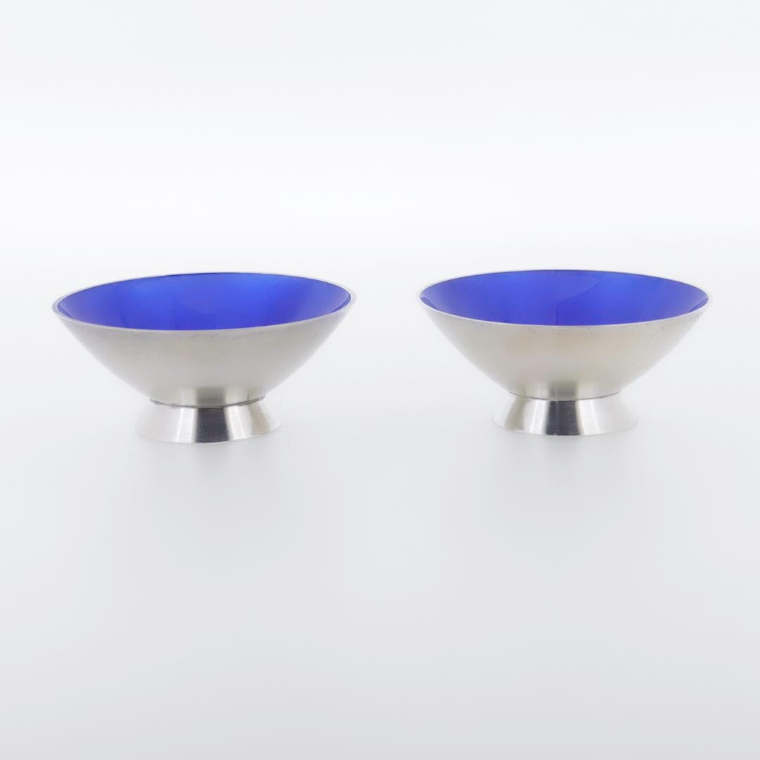 Pair of Signed Danish Modern Sterling Silver & Blue Enamel Salt Cellars & Spoons For Sale 4