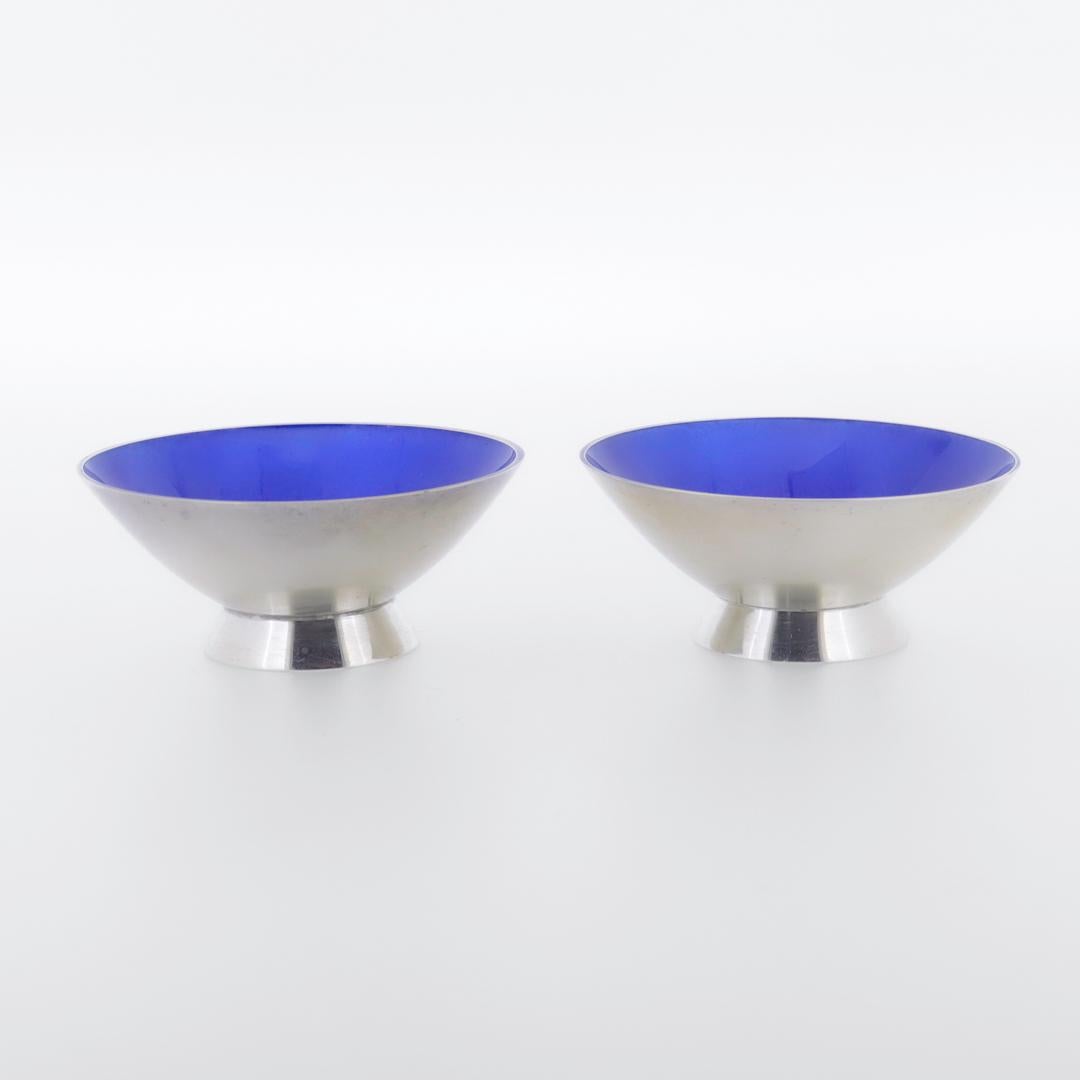 Pair of Signed Danish Modern Sterling Silver & Blue Enamel Salt Cellars & Spoons For Sale 5