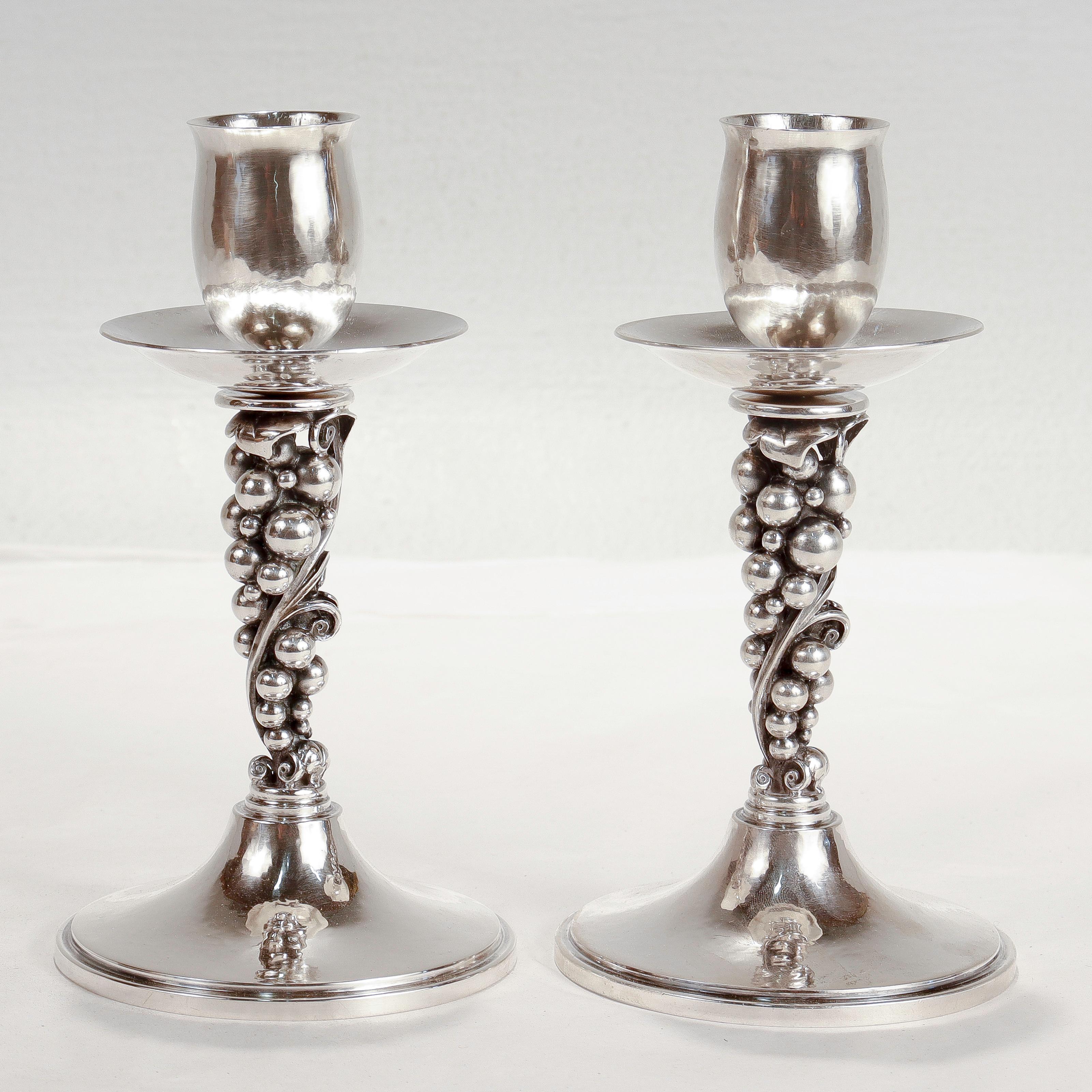 Pair of Signed Danish Modern Sterling Silver Grapes Candlesticks by Aage Weimar In Good Condition For Sale In Philadelphia, PA