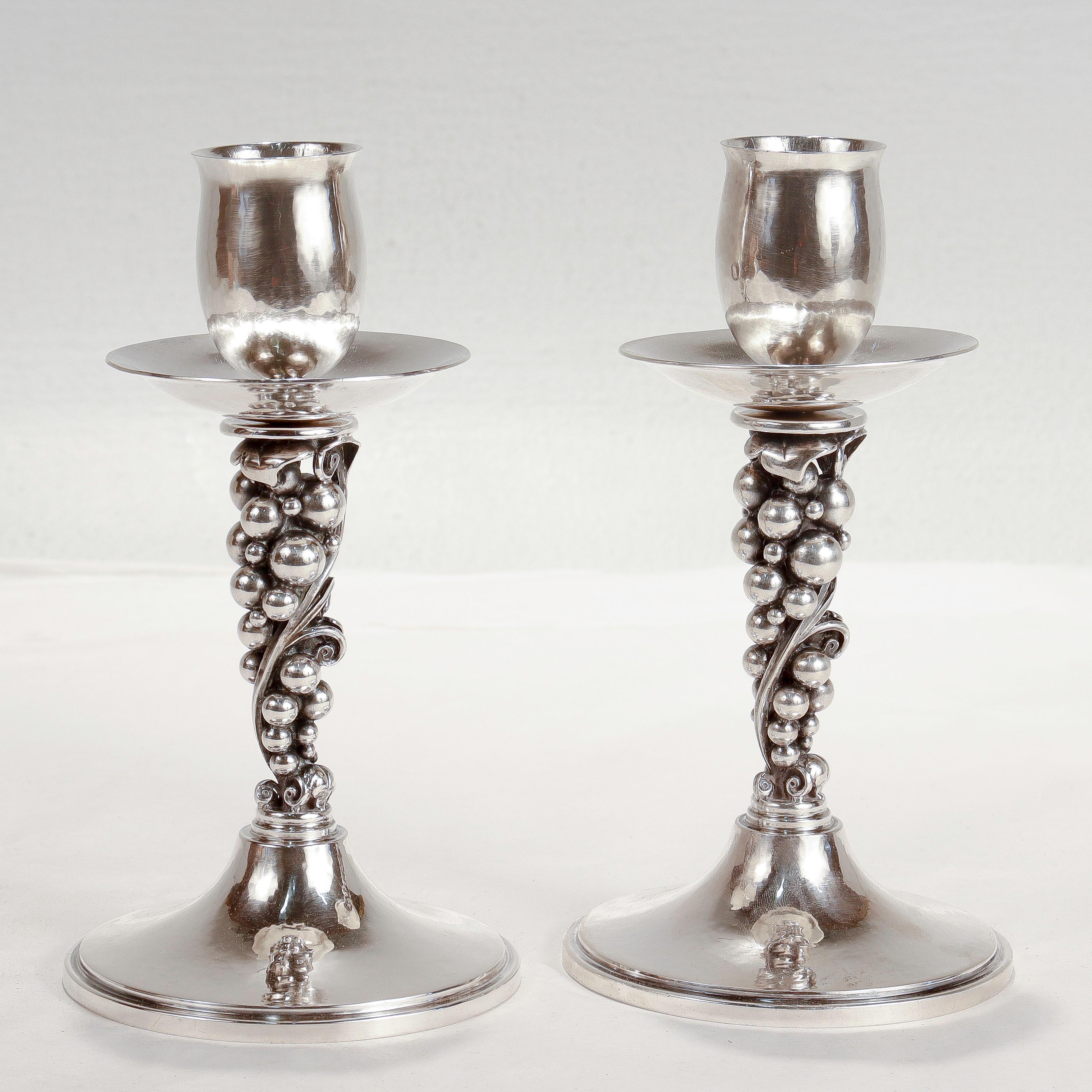Pair of Signed Danish Modern Sterling Silver Grapes Candlesticks by Aage Weimar In Good Condition For Sale In Philadelphia, PA