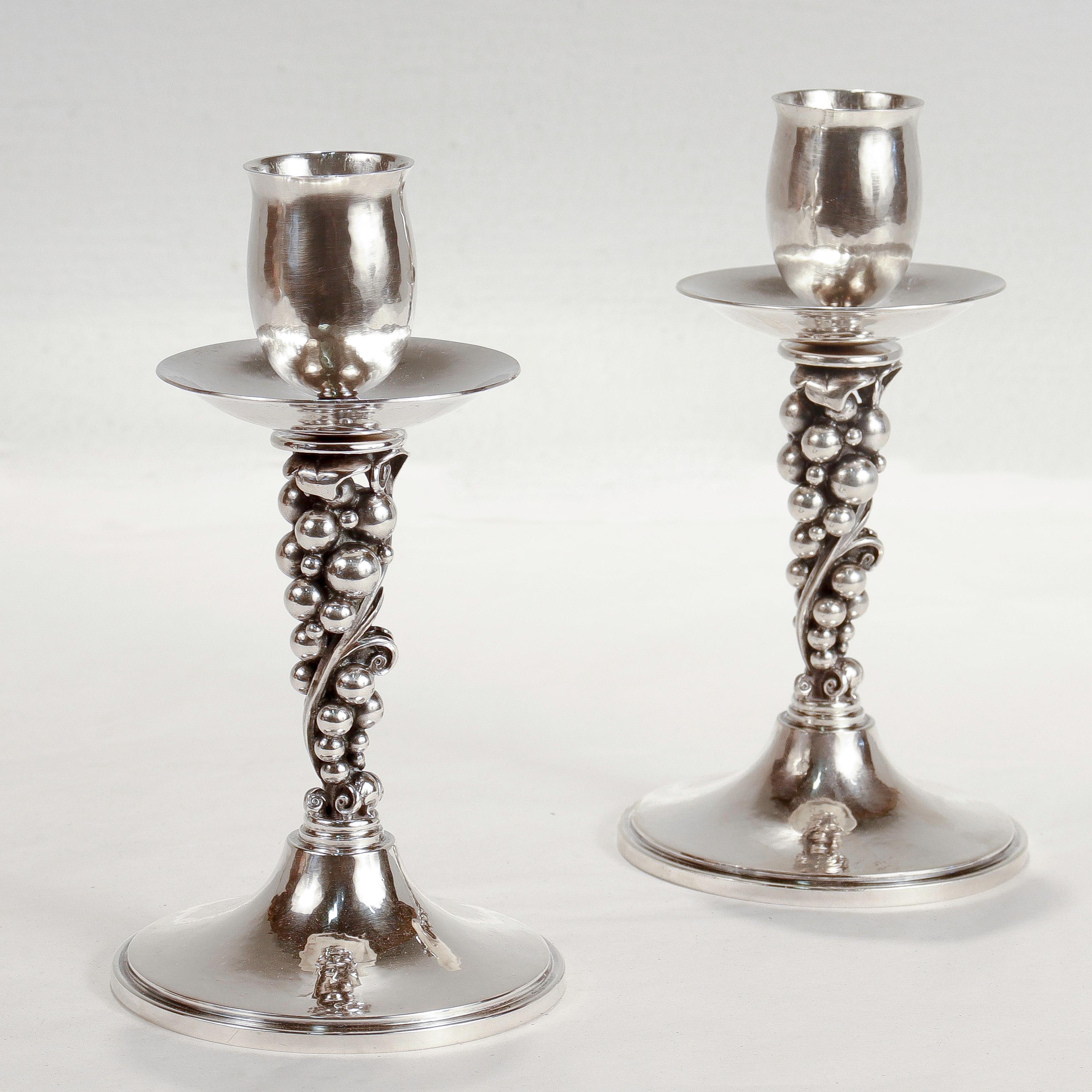 Pair of Signed Danish Modern Sterling Silver Grapes Candlesticks by Aage Weimar For Sale 1