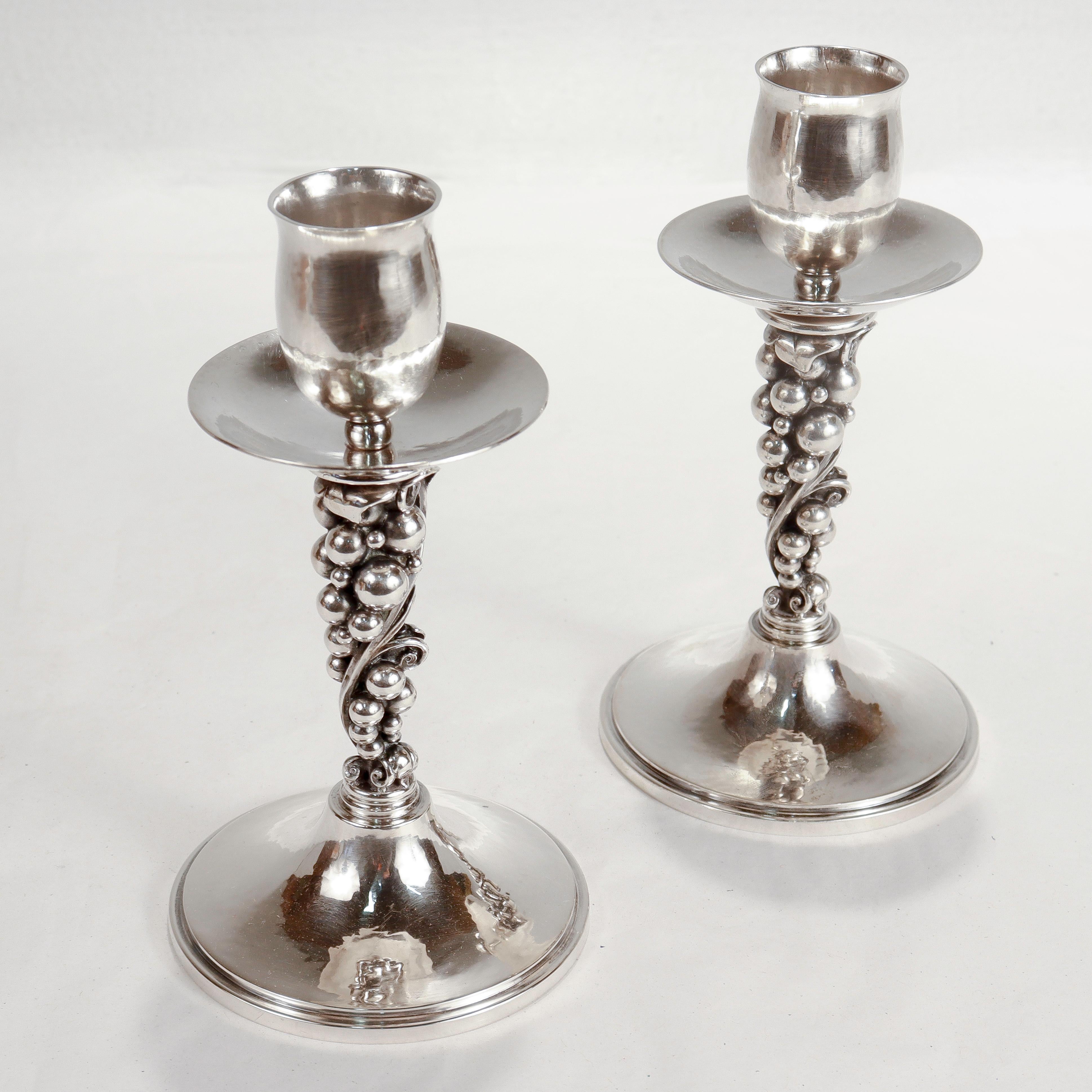 Pair of Signed Danish Modern Sterling Silver Grapes Candlesticks by Aage Weimar For Sale 2