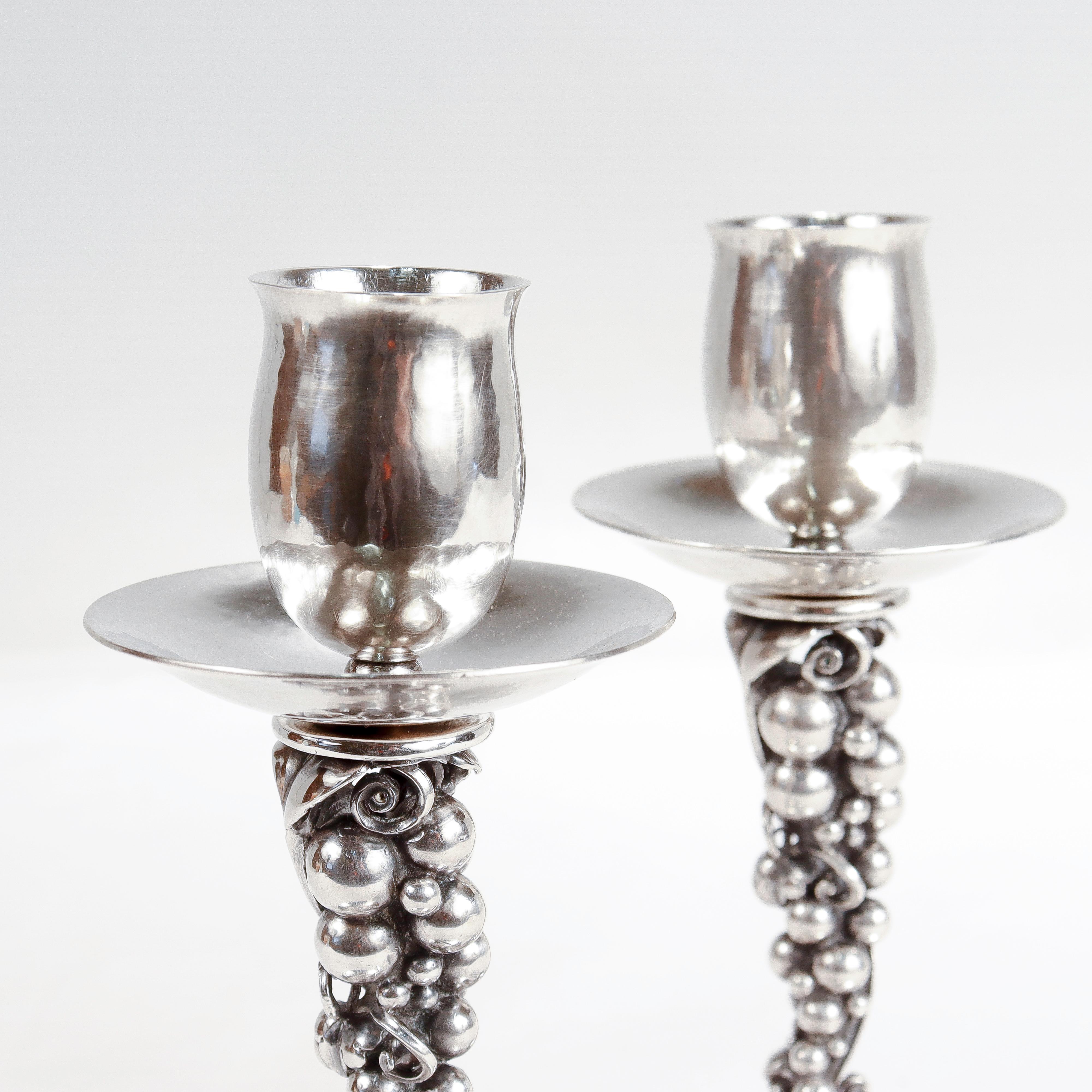 Pair of Signed Danish Modern Sterling Silver Grapes Candlesticks by Aage Weimar For Sale 2