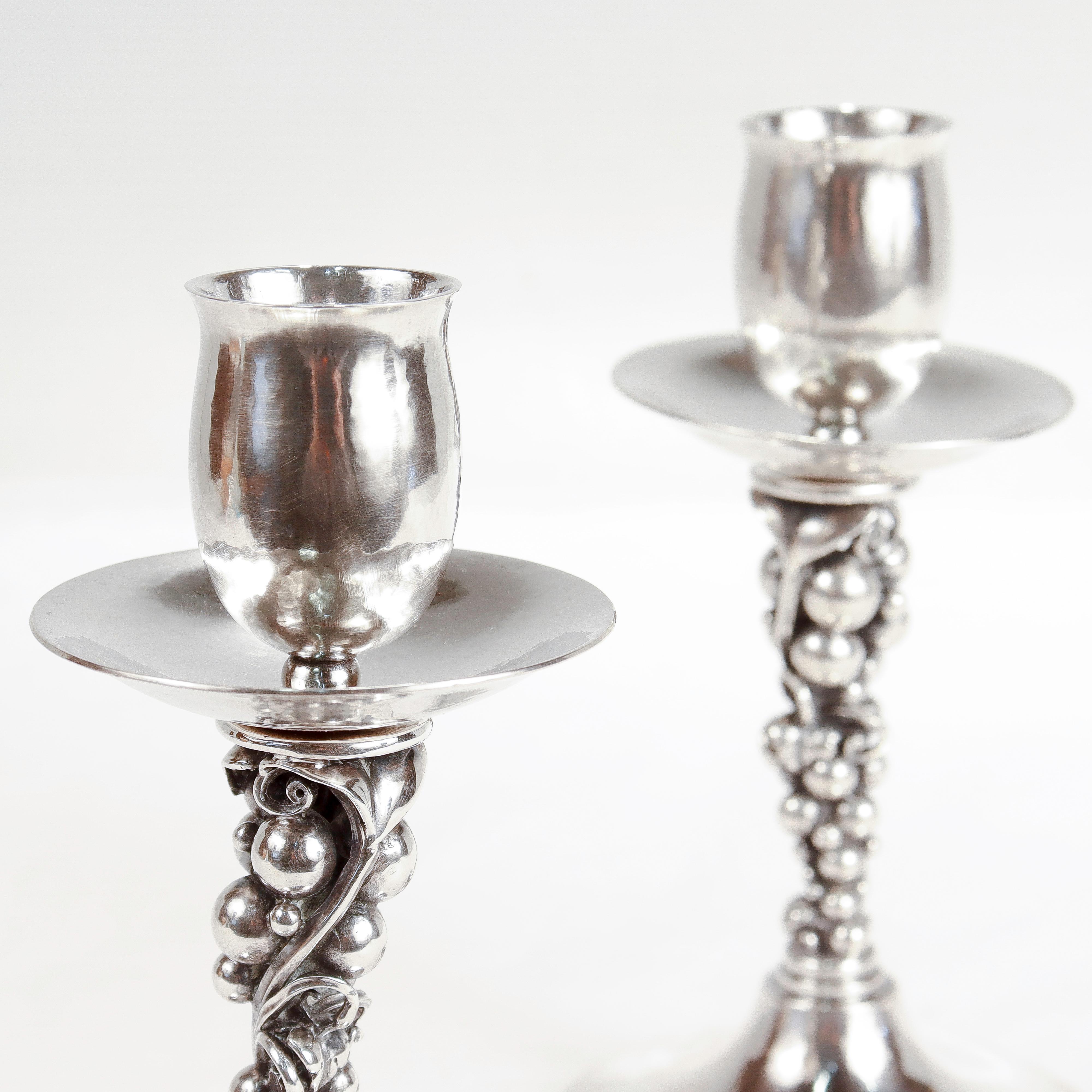 Pair of Signed Danish Modern Sterling Silver Grapes Candlesticks by Aage Weimar For Sale 3